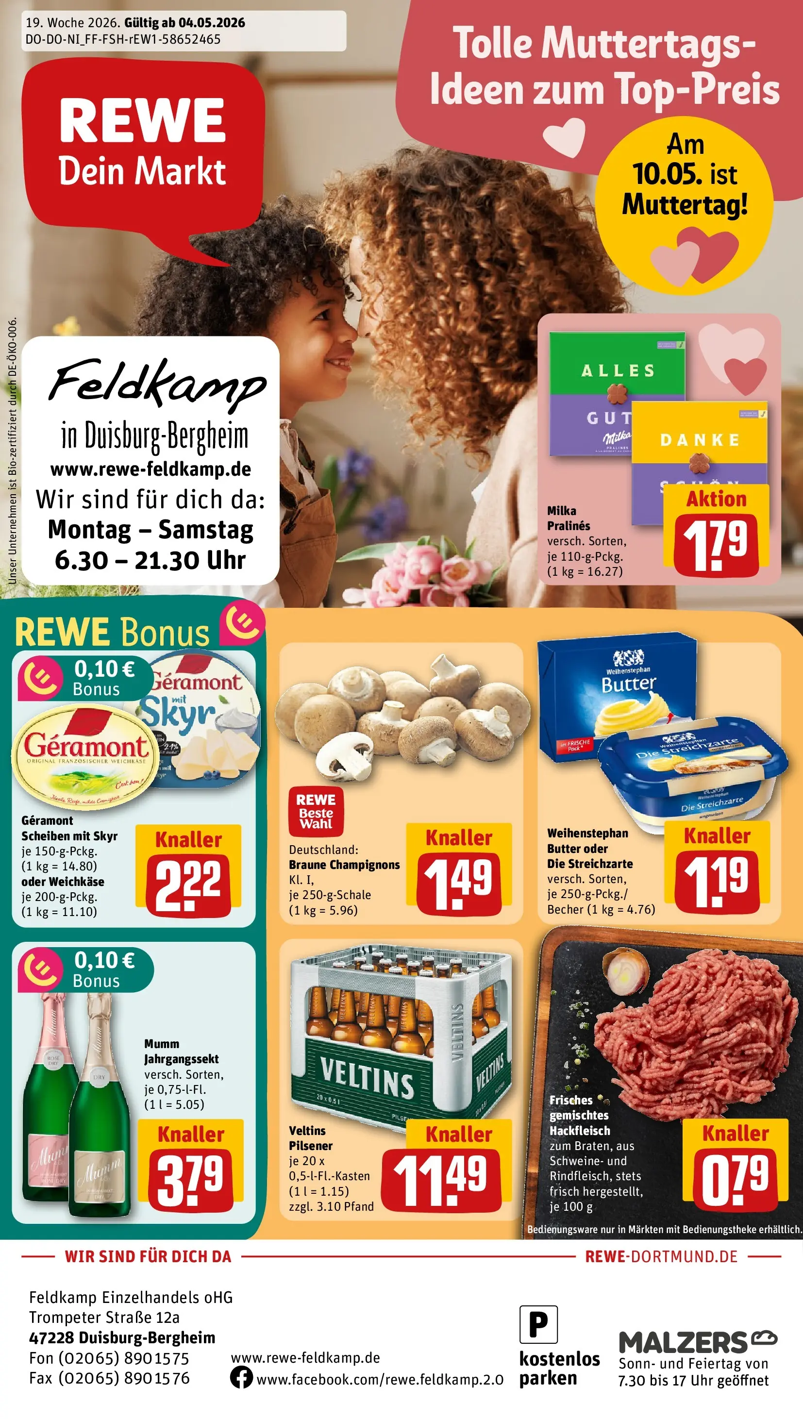 REWE Prospekt ab 04.05.2026 zum Blättern » Angebote | Seite: 1 | Produkte: Butter, Weihenstephan butter, Champignons, Hackfleisch