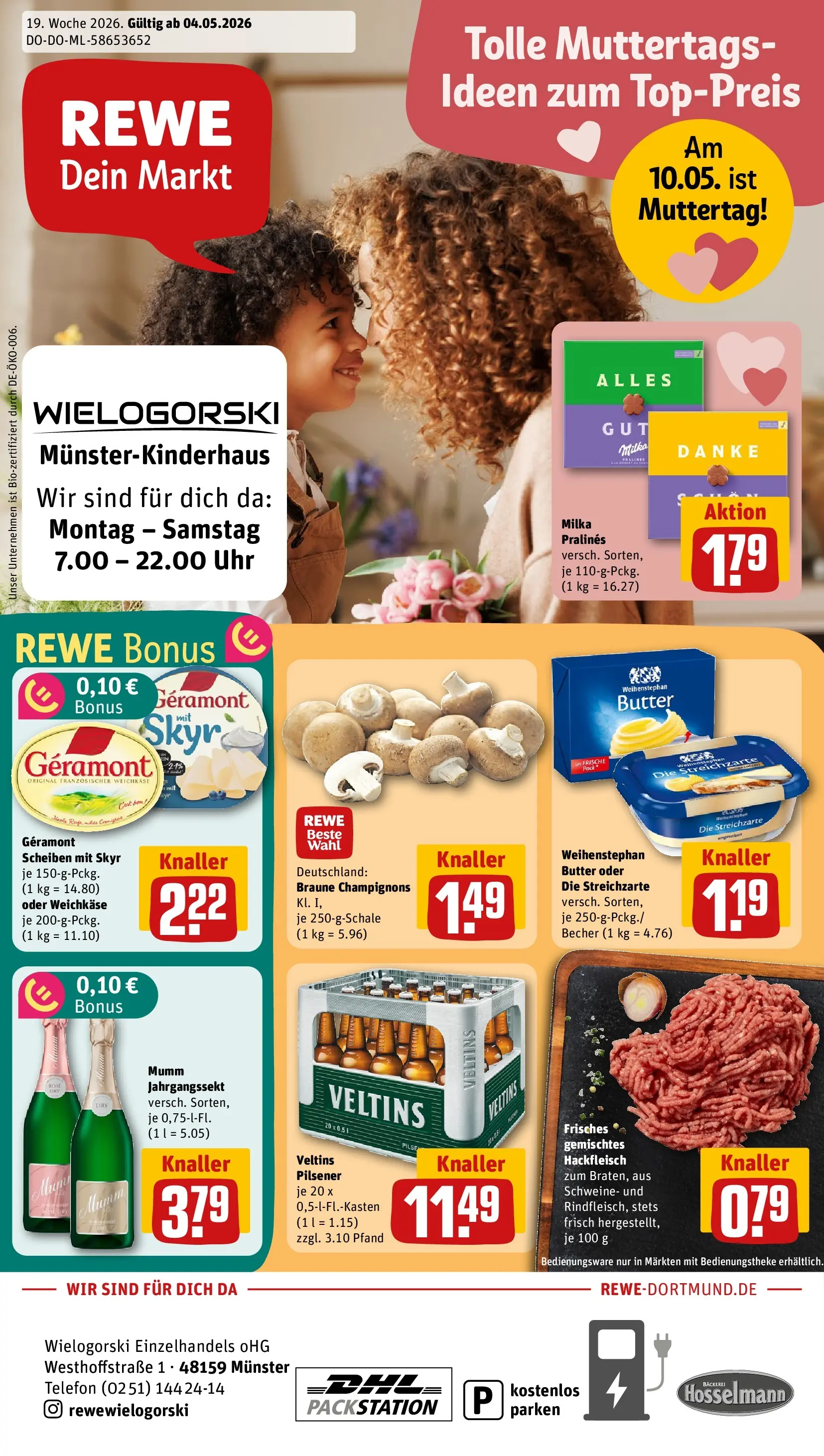 REWE Prospekt ab 04.05.2026 zum Blättern » Angebote | Seite: 1 | Produkte: Bäckerei, Skyr, Champignons, Uhr