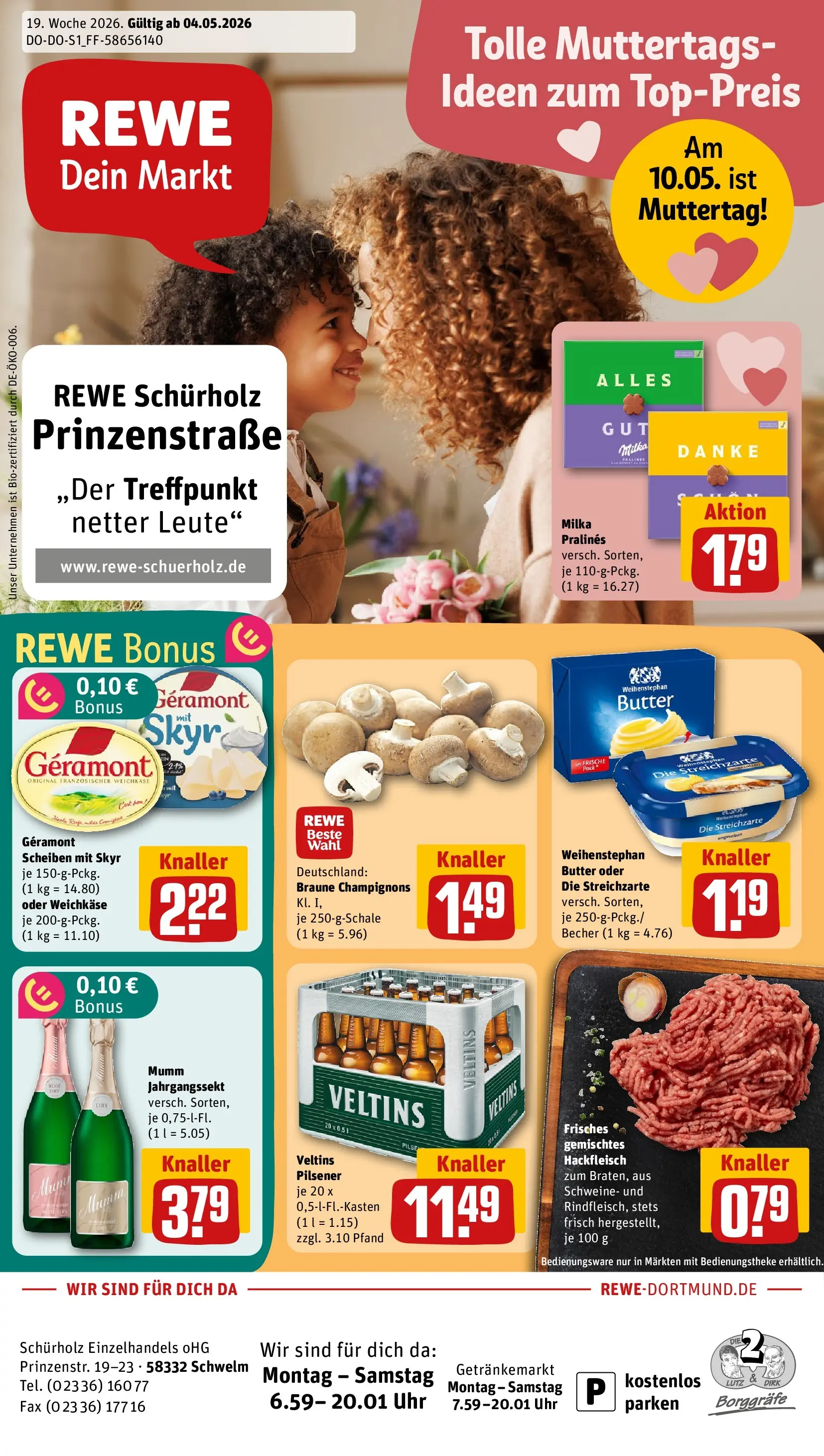 REWE Prospekt ab 04.05.2026 zum Blättern » Angebote | Seite: 1 | Produkte: Milka, Weihenstephan butter, Skyr, Champignons