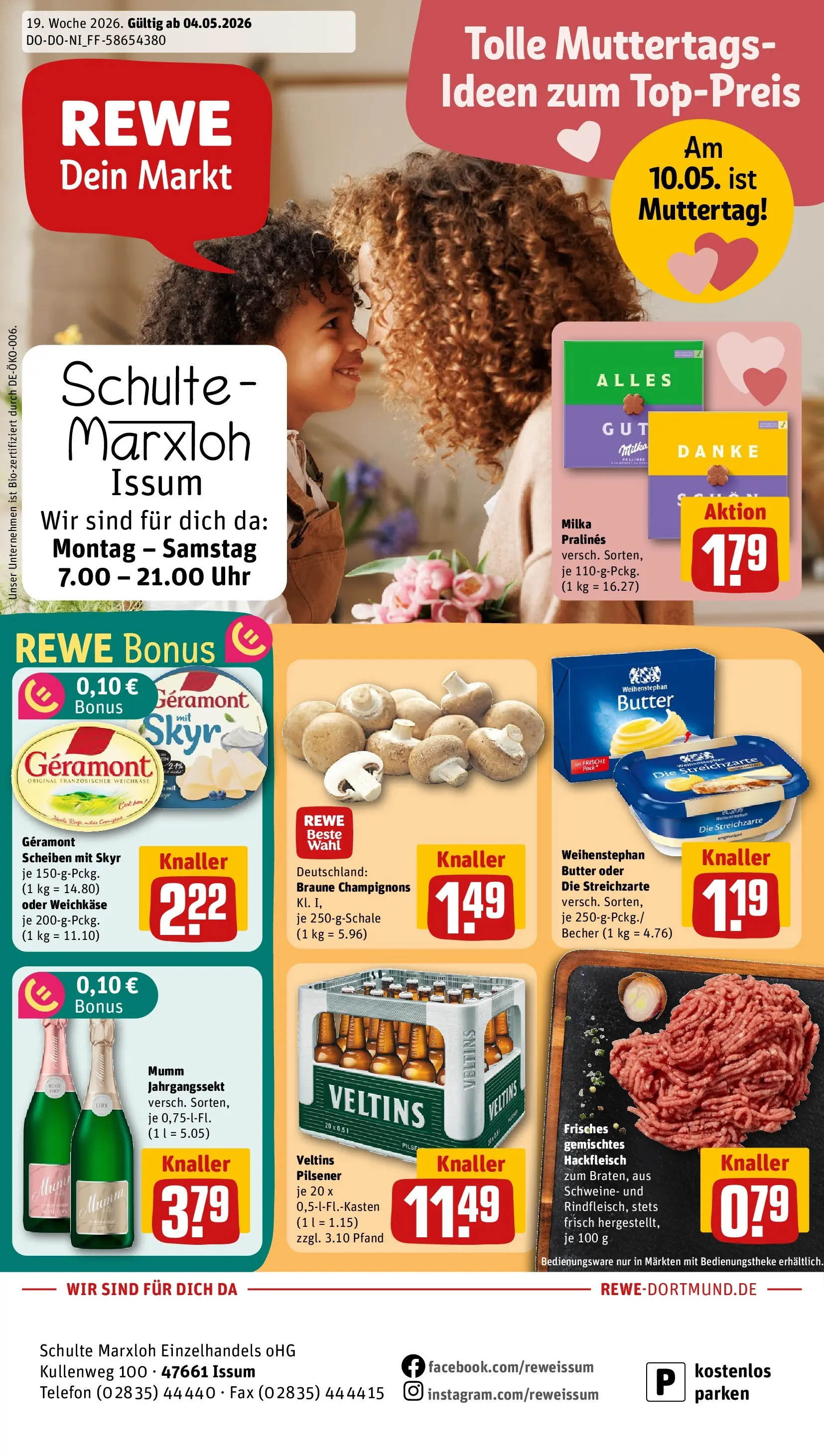 REWE Prospekt ab 04.05.2026 zum Blättern » Angebote | Seite: 1 | Produkte: Geramont, Champignons, Uhr, Hackfleisch