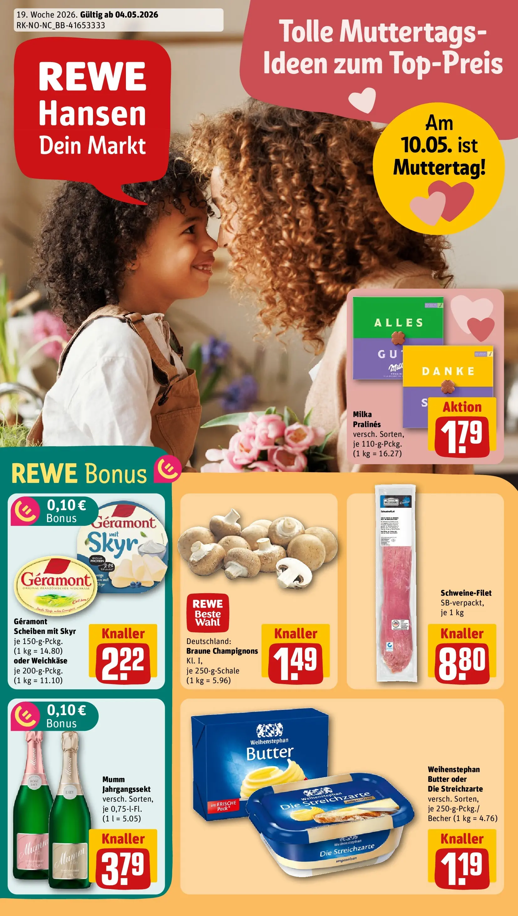 REWE Prospekt ab 04.05.2026 zum Blättern » Angebote | Seite: 1 | Produkte: Geramont, Butter, Milka, Weihenstephan butter