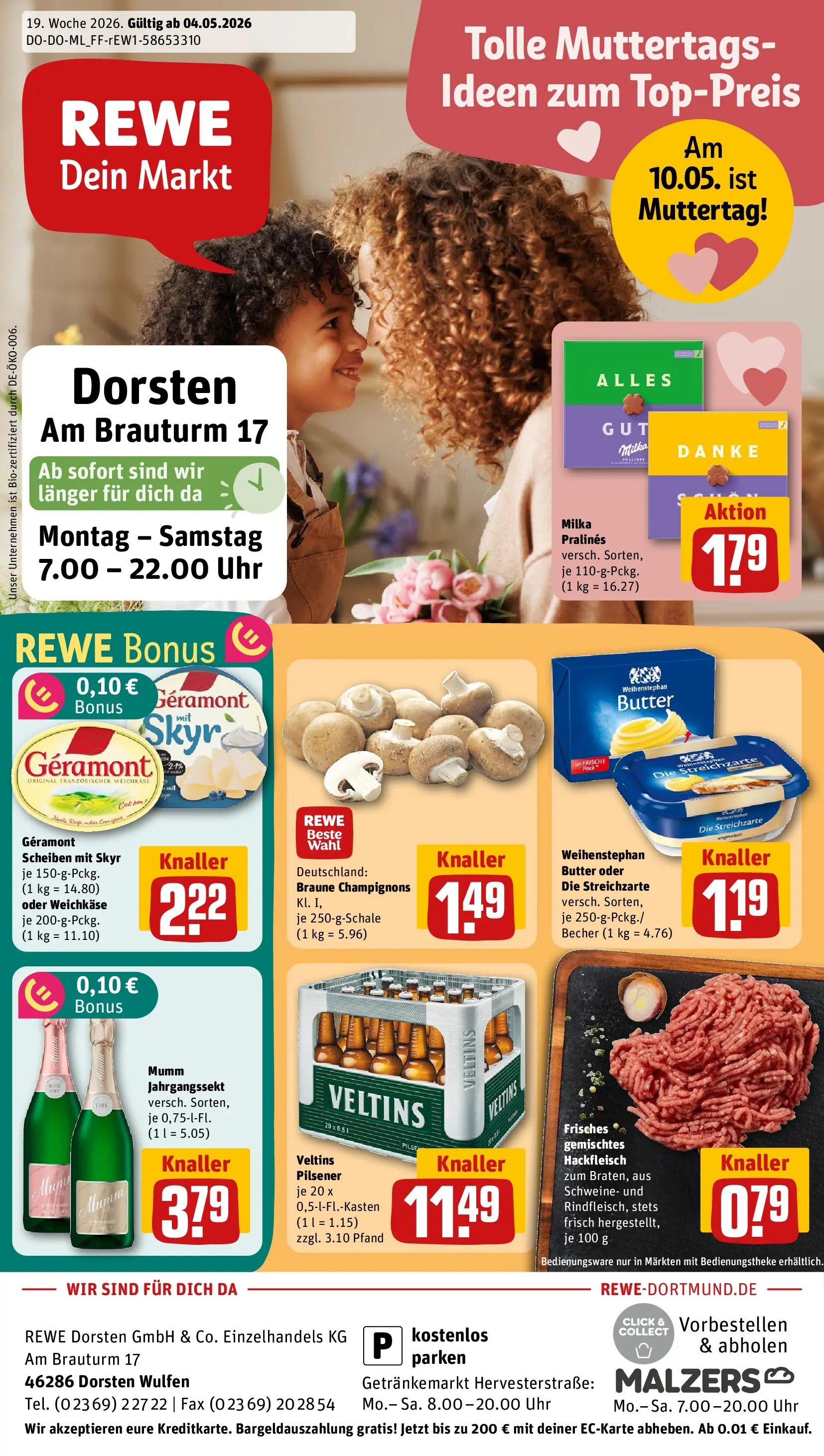 REWE Prospekt ab 04.05.2026 zum Blättern » Angebote | Seite: 1 | Produkte: Geramont, Milka, Champignons, Uhr
