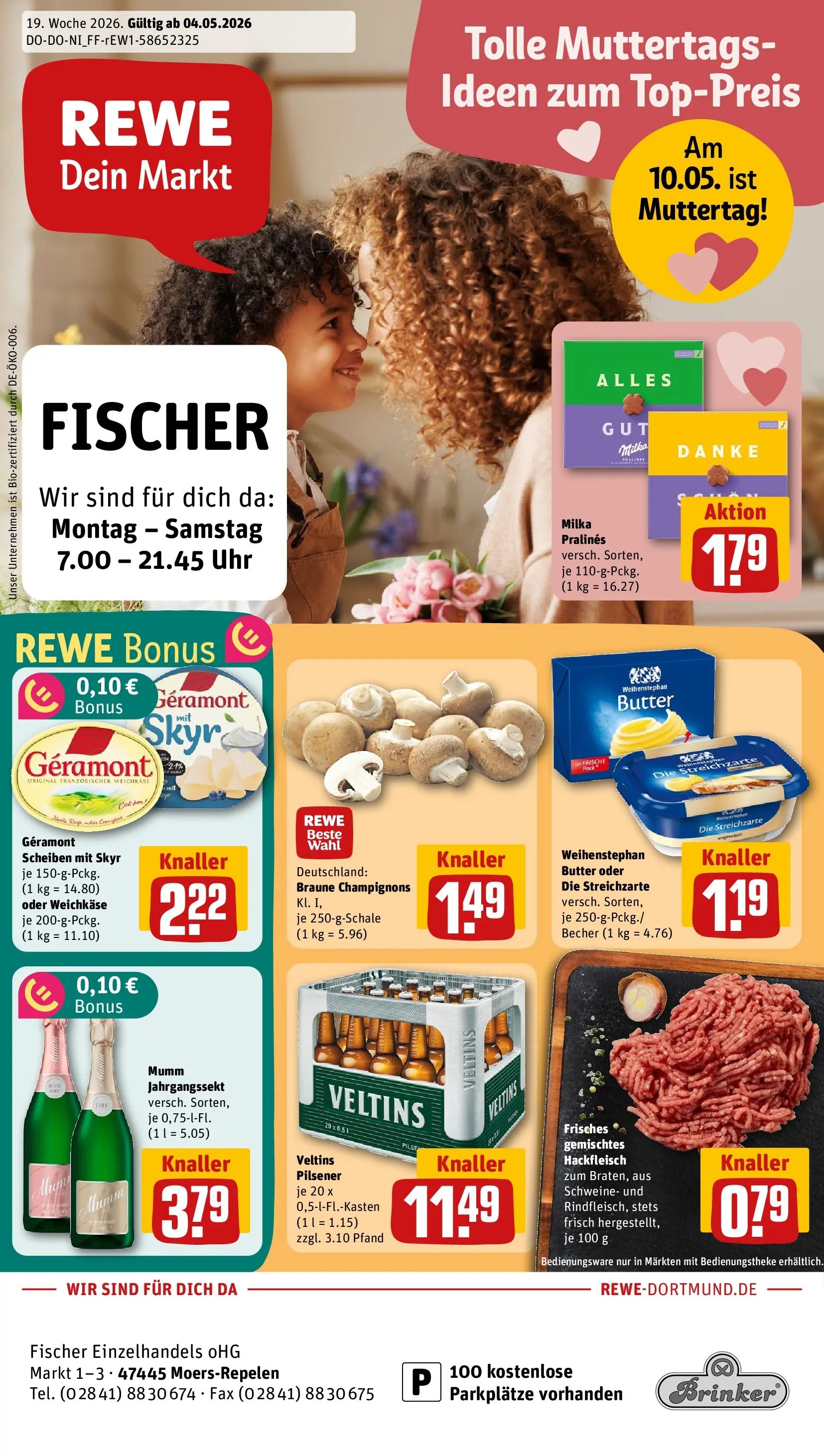 REWE Prospekt ab 04.05.2026 zum Blättern » Angebote | Seite: 1 | Produkte: Geramont, Champignons, Uhr, Hackfleisch