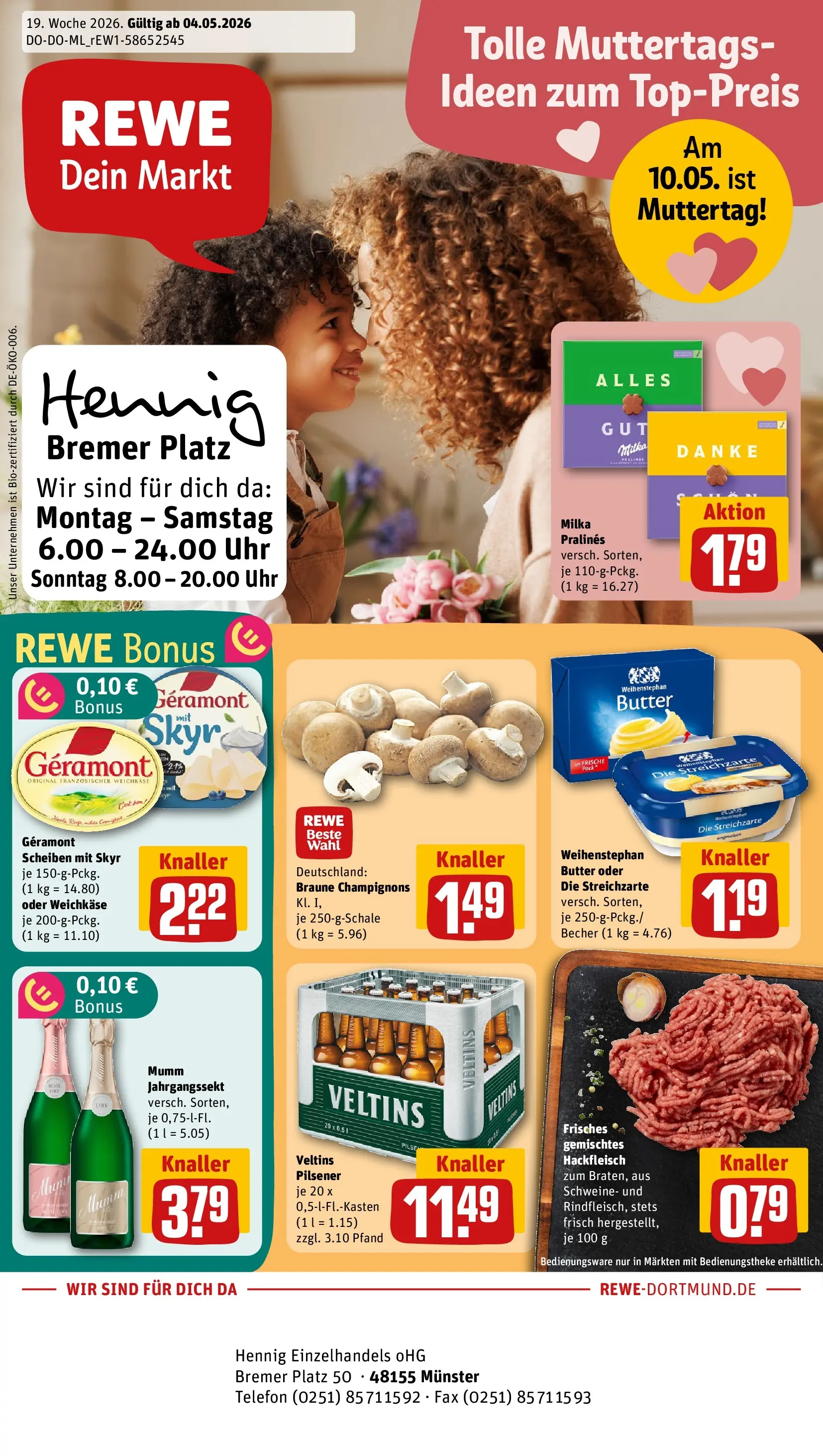 REWE Prospekt ab 04.05.2026 zum Blättern » Angebote | Seite: 1 | Produkte: Milka, Weihenstephan butter, Champignons, Telefon