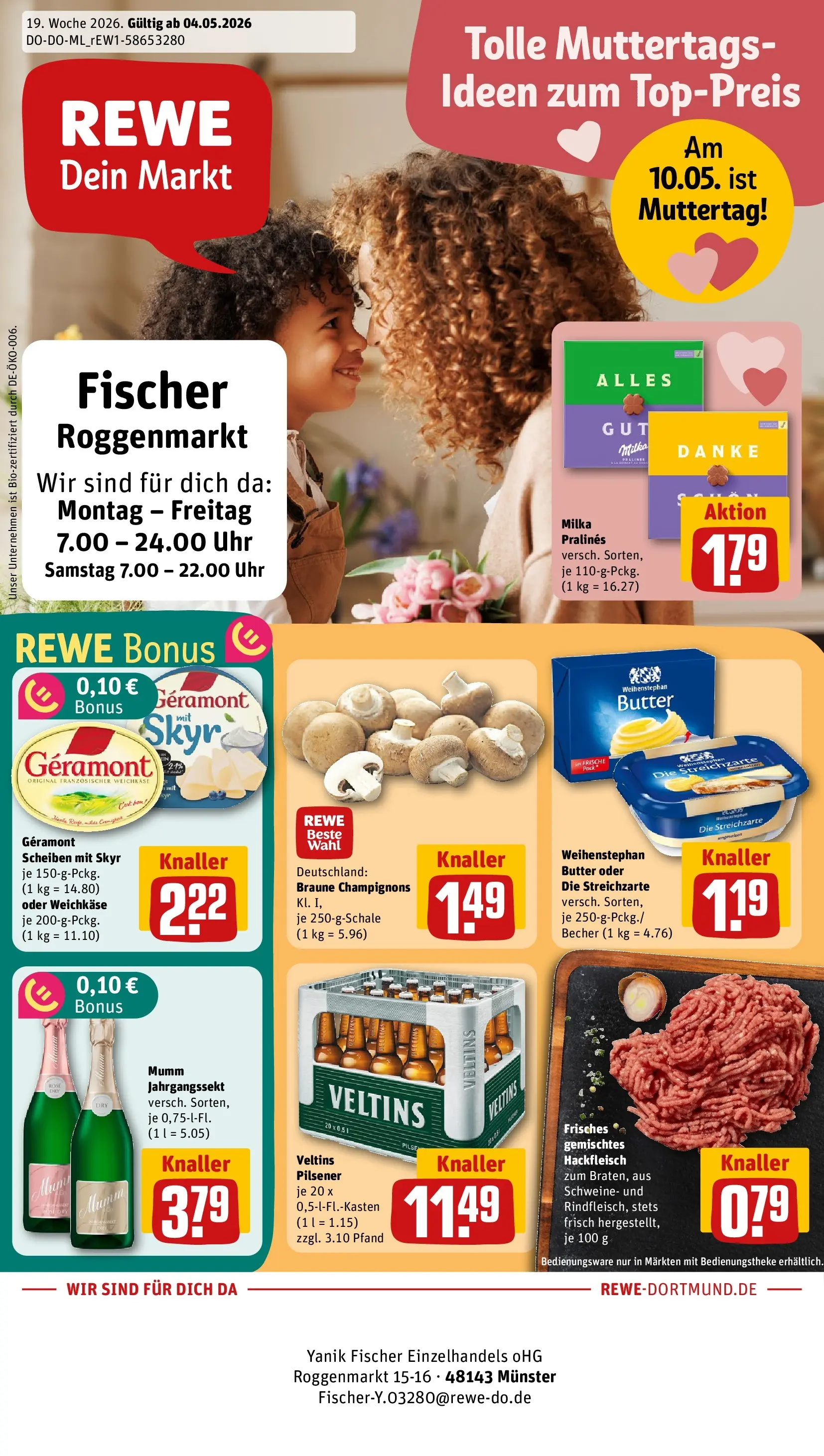 REWE Prospekt ab 04.05.2026 zum Blättern » Angebote | Seite: 1 | Produkte: Milka, Skyr, Champignons, Uhr