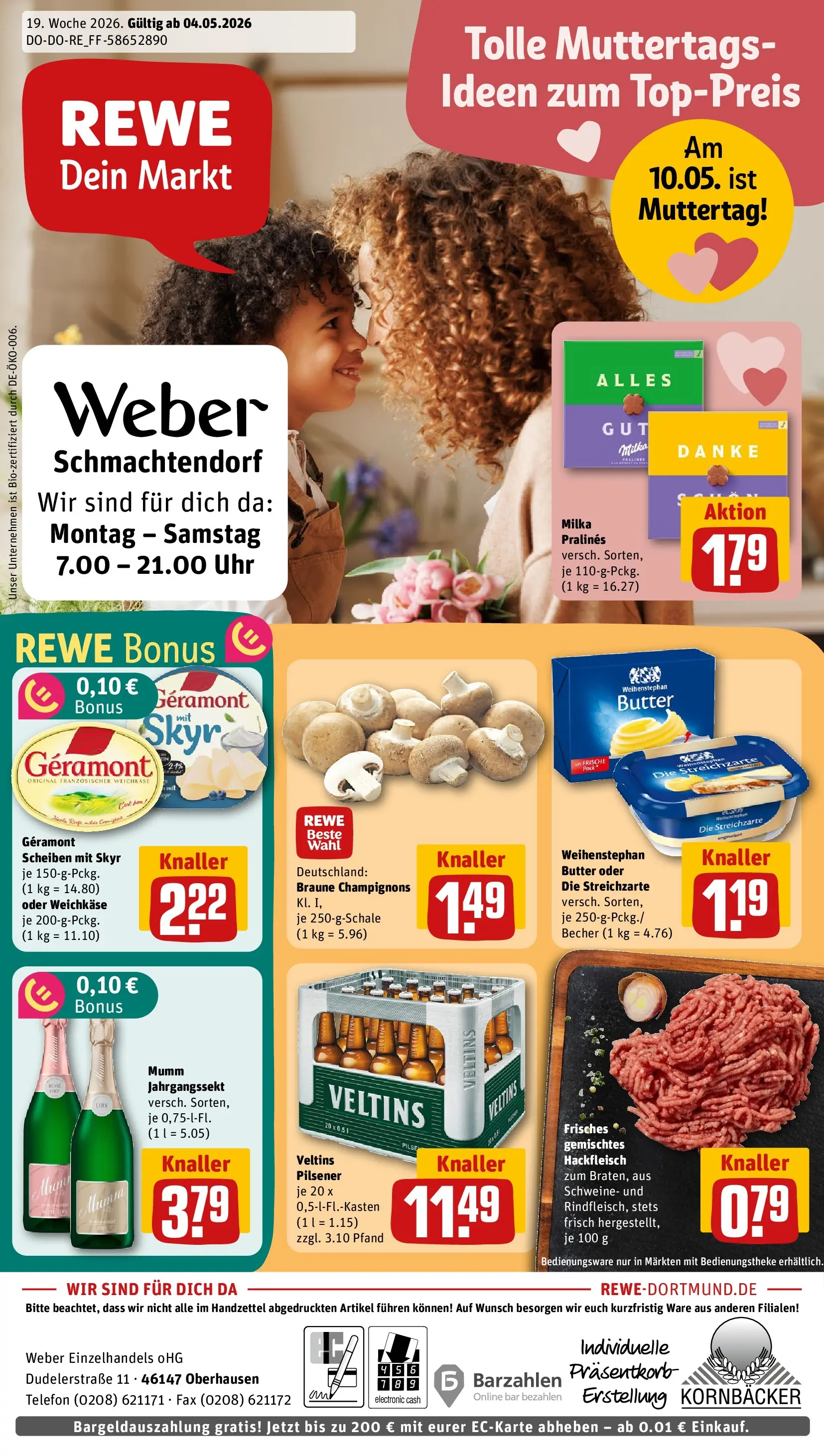 REWE Prospekt ab 04.05.2026 zum Blättern » Angebote | Seite: 1 | Produkte: Geramont, Butter, Champignons, Hackfleisch