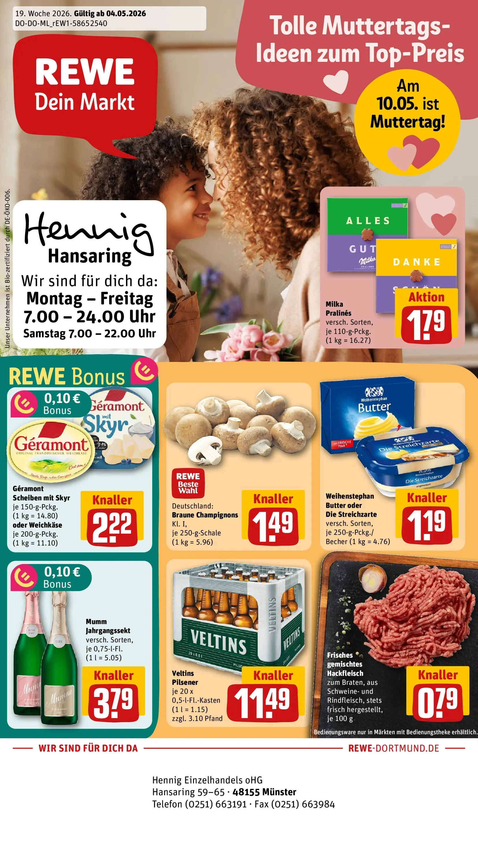 REWE Prospekt ab 04.05.2026 zum Blättern » Angebote | Seite: 1 | Produkte: Milka, Telefon, Uhr, Veltins