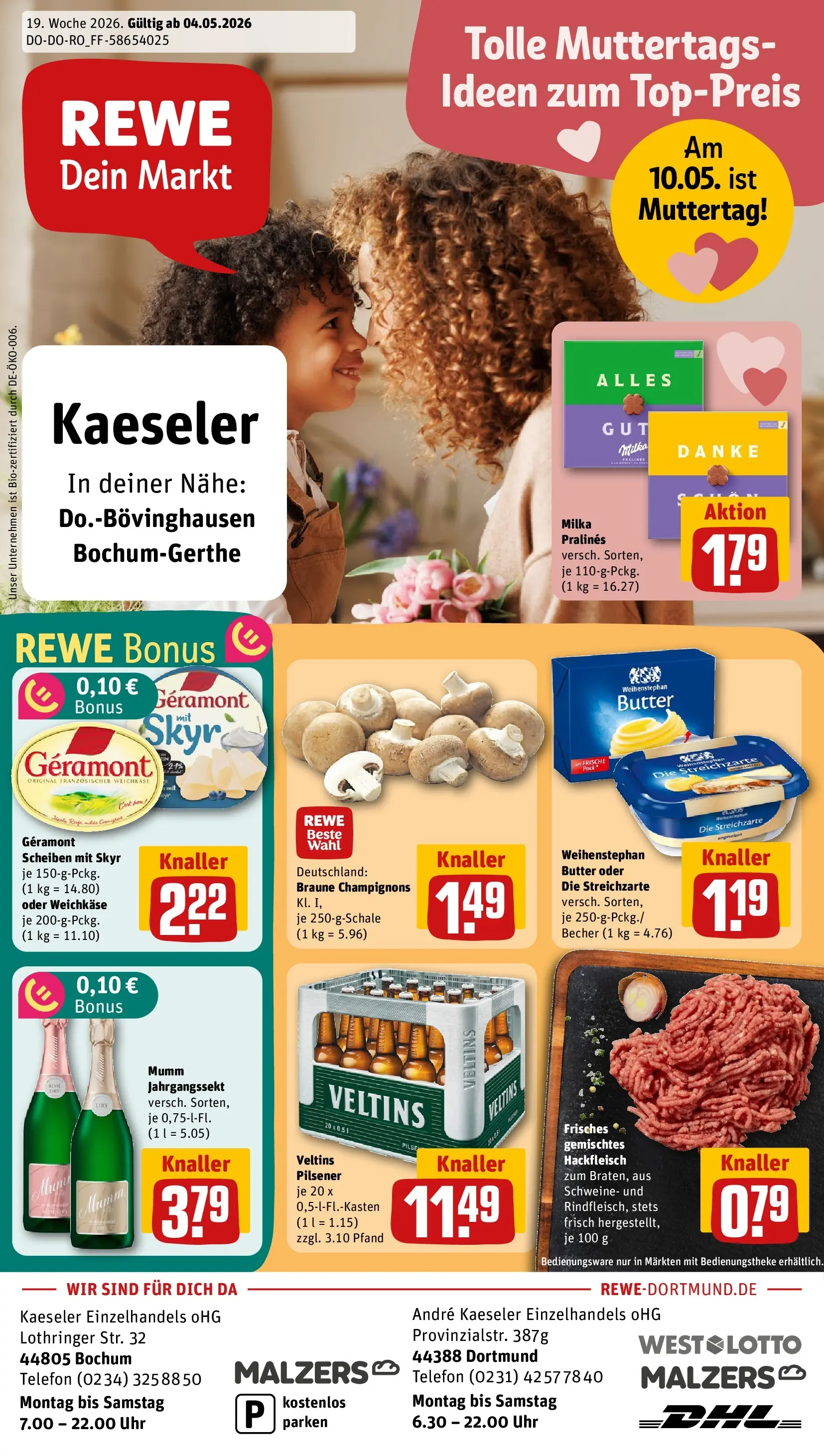 REWE Prospekt ab 04.05.2026 zum Blättern » Angebote | Seite: 1 | Produkte: Geramont, Weihenstephan butter, Champignons, Hackfleisch