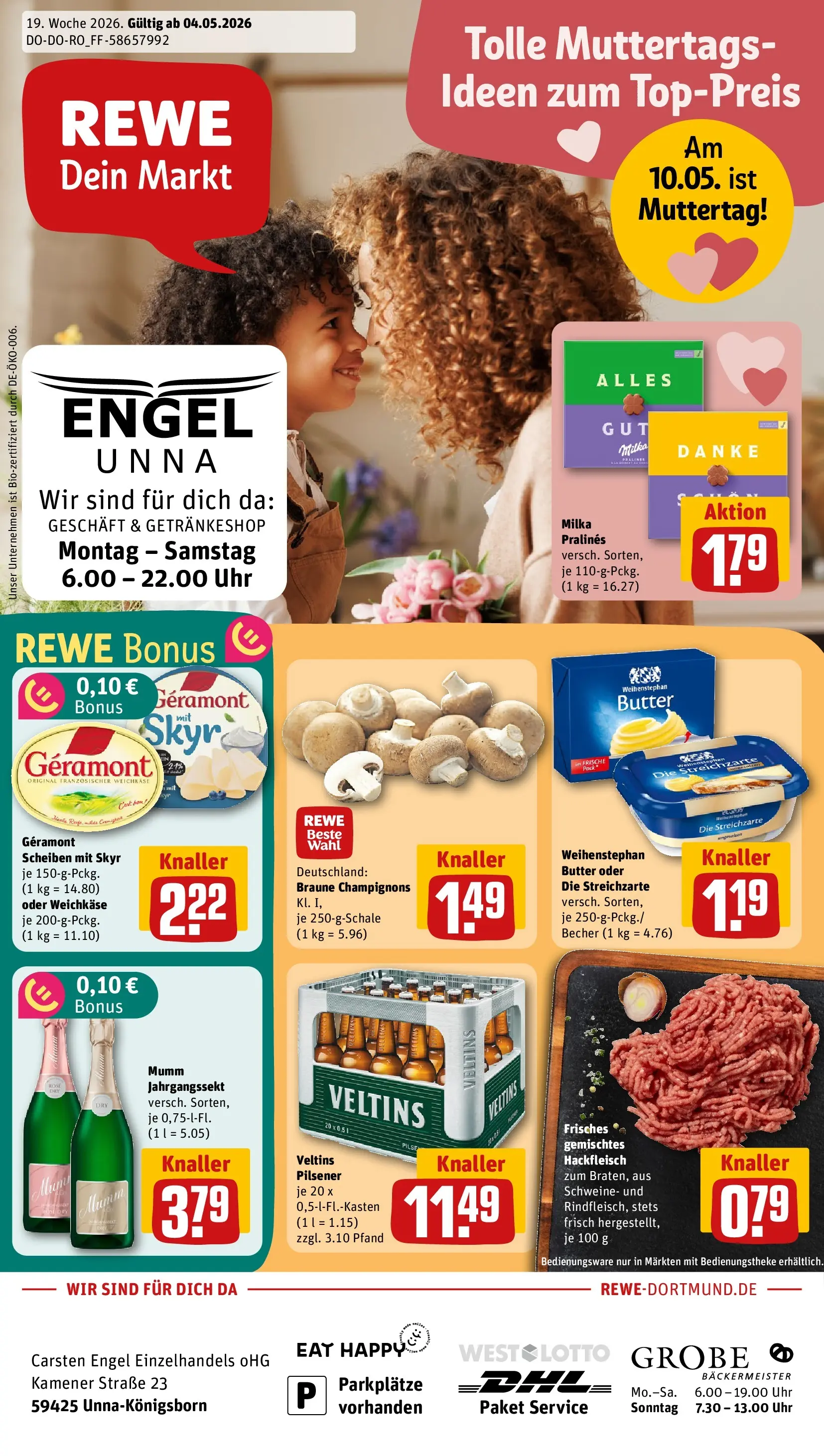 REWE Prospekt ab 04.05.2026 zum Blättern » Angebote | Seite: 1 | Produkte: Milka, Skyr, Champignons, Uhr