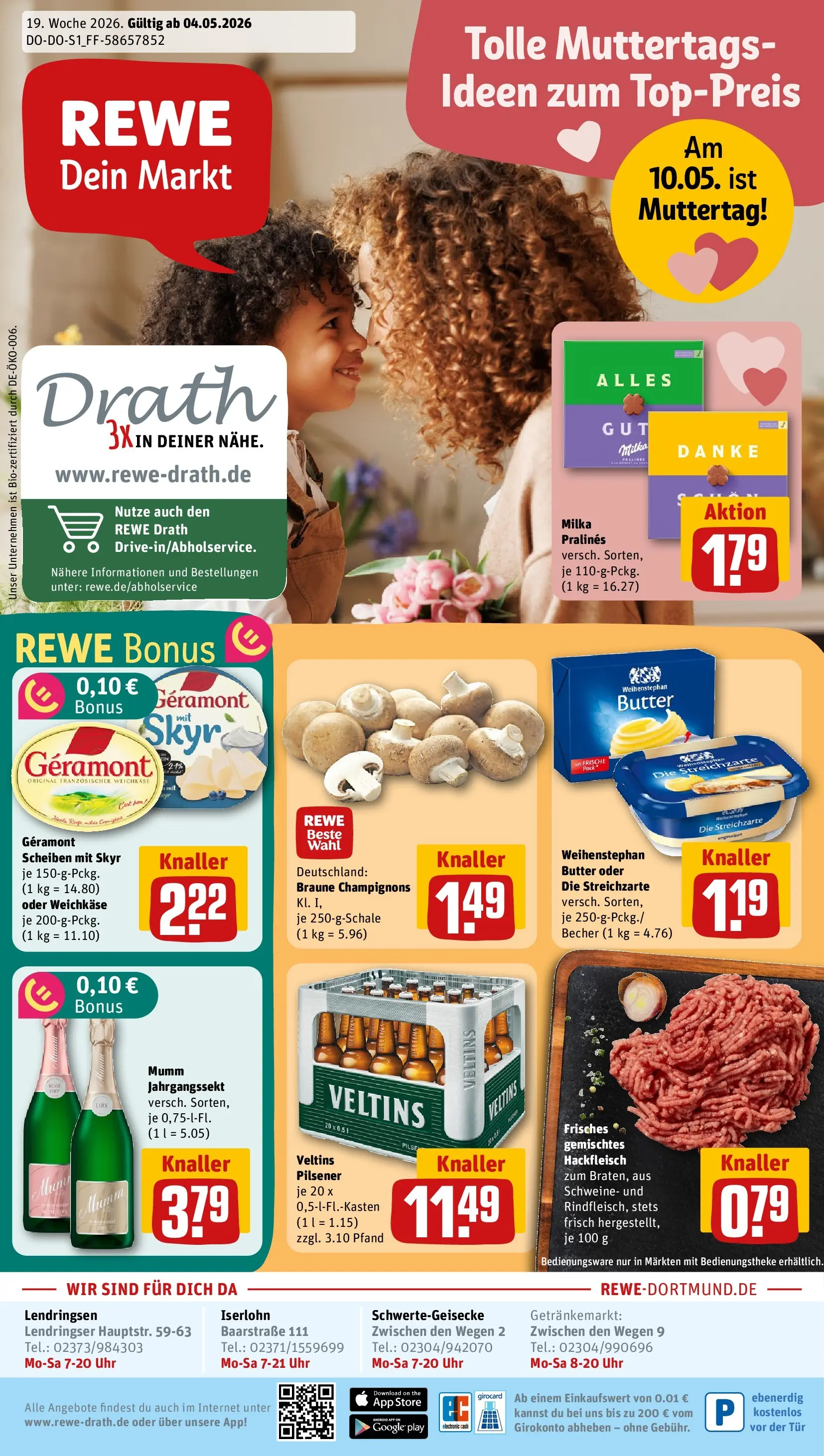 REWE Prospekt ab 04.05.2026 zum Blättern » Angebote | Seite: 1 | Produkte: Geramont, Milka, Skyr, Veltins