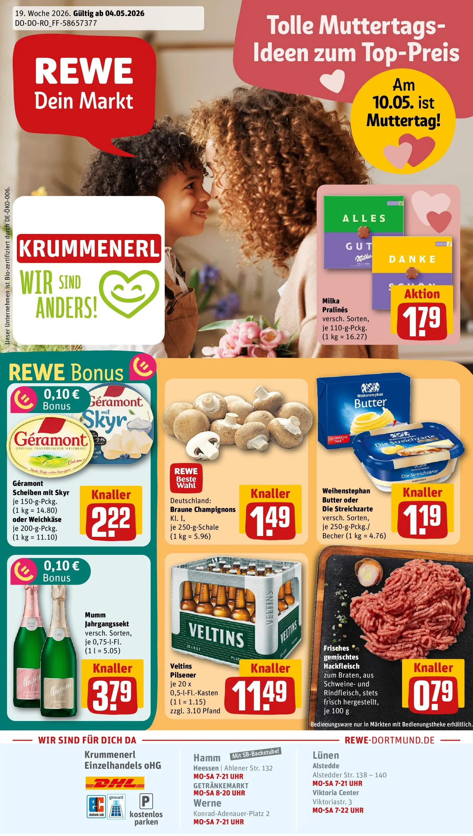 REWE Prospekt ab 04.05.2026 zum Blättern » Angebote | Seite: 1 | Produkte: Geramont, Weihenstephan butter, Champignons, Uhr