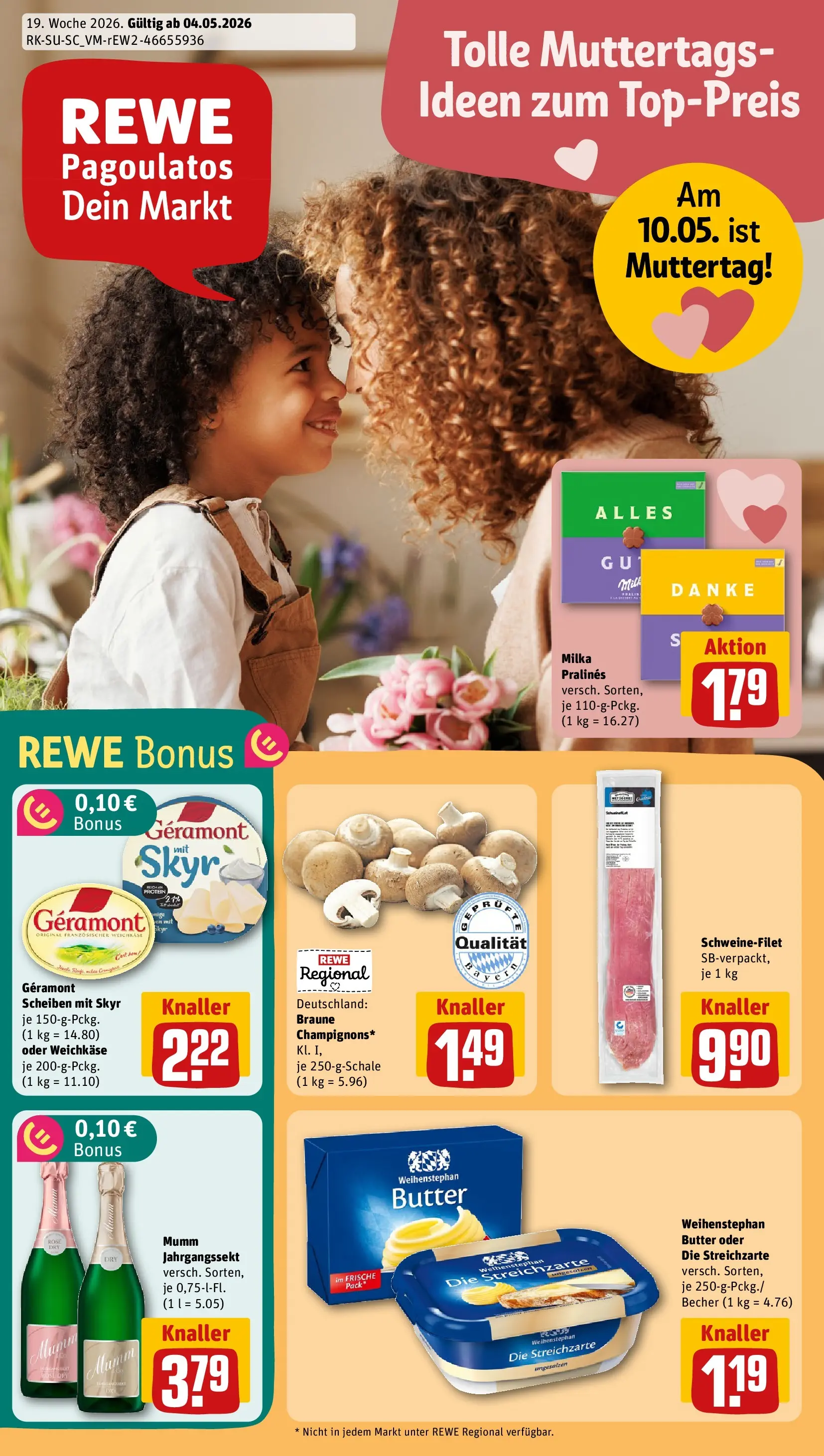REWE Prospekt ab 04.05.2026 zum Blättern » Angebote | Seite: 1 | Produkte: Milka, Weihenstephan butter, Skyr, Schweinefilet