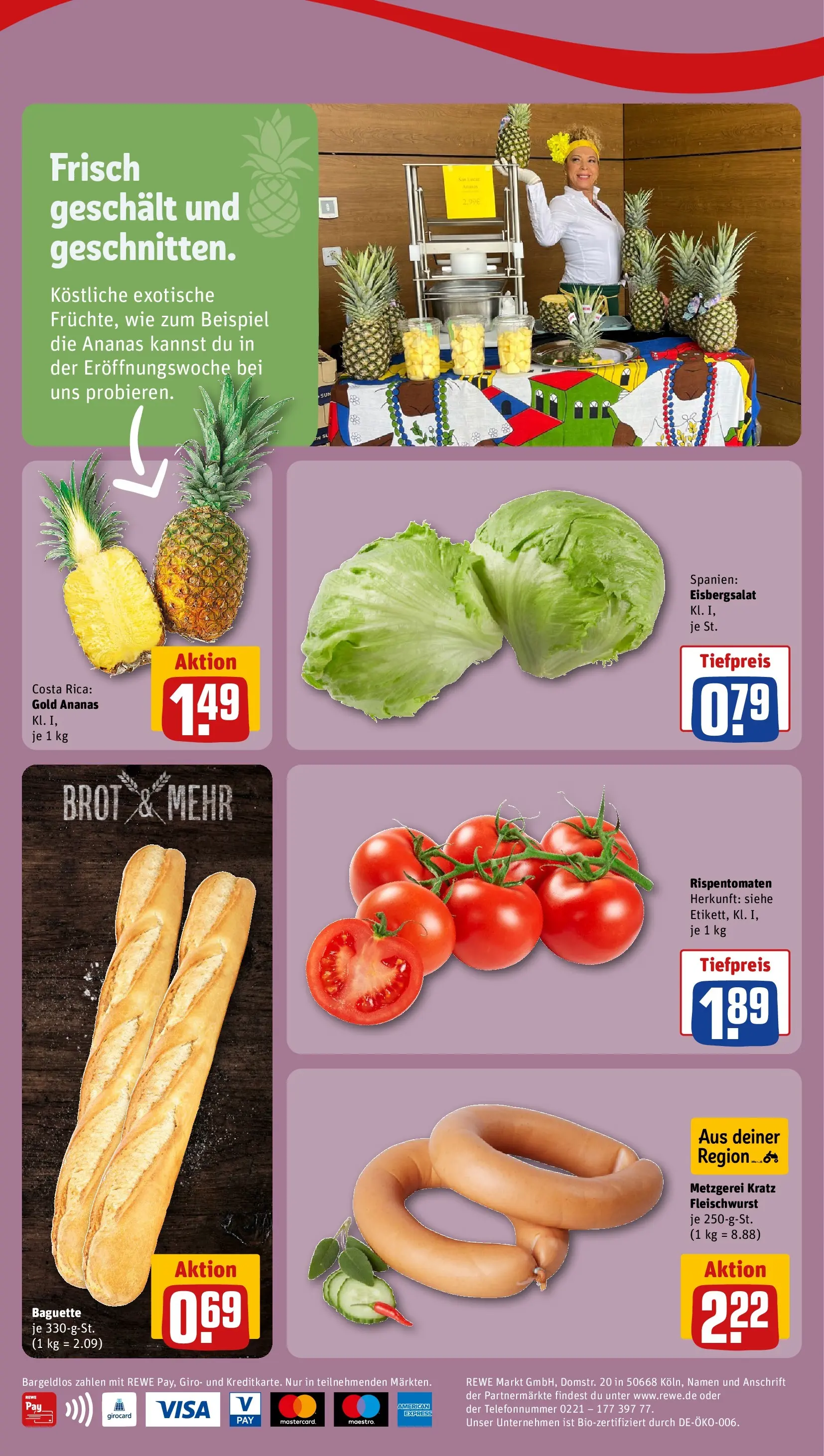 REWE Prospekt ab 04.05.2026 zum Blättern » Angebote | Seite: 4 | Produkte: Baguette, Ananas, Eisbergsalat, Brot