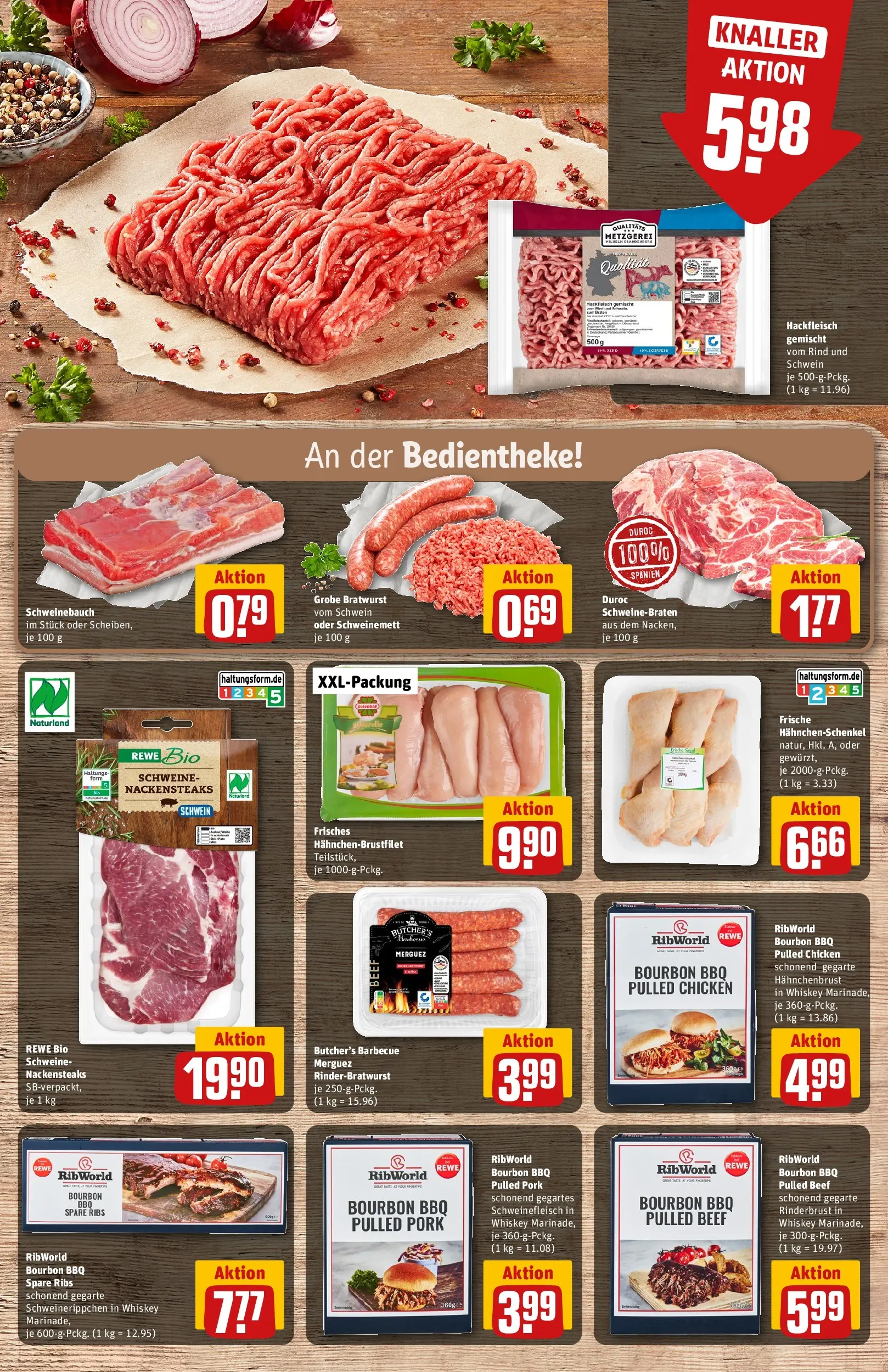 REWE Prospekt ab 04.05.2026 zum Blättern » Angebote | Seite: 13 | Produkte: Hahnchenschenkel, Schweinebauch, Whiskey, Hahnchenbrust