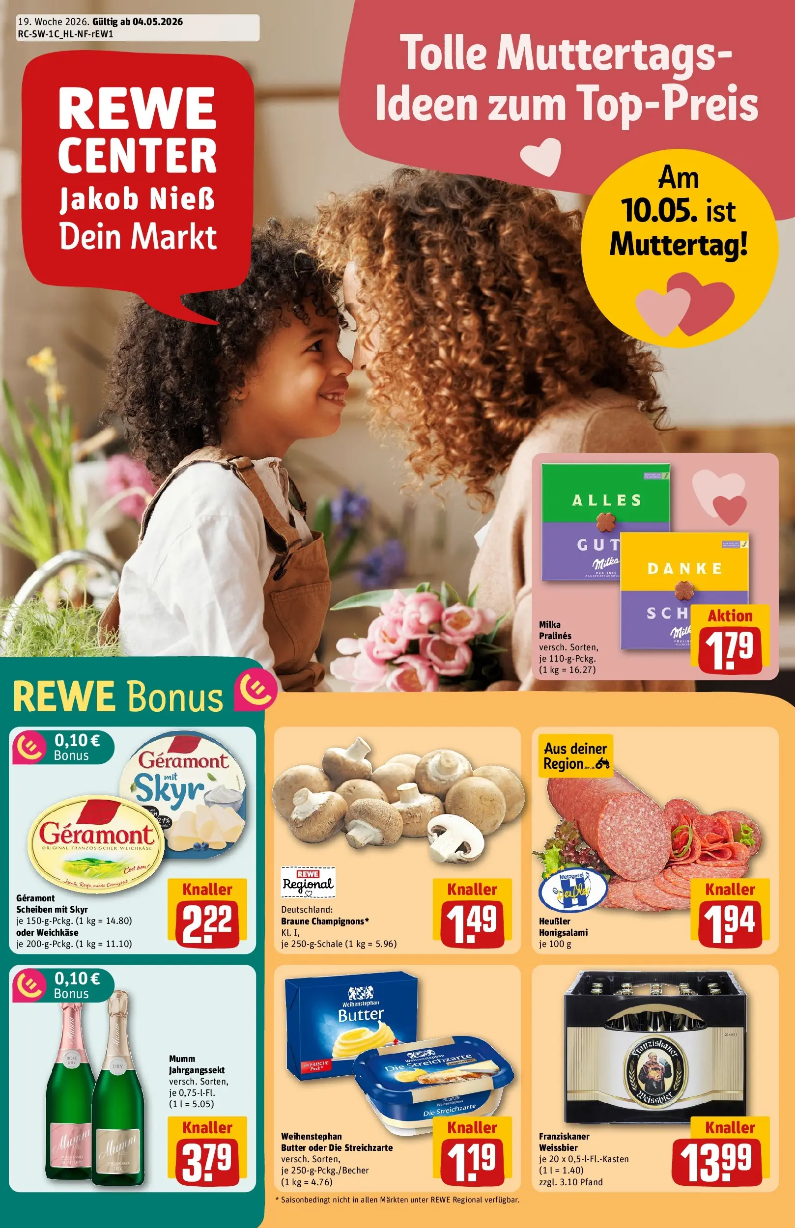 REWE Prospekt ab 04.05.2026 zum Blättern » Angebote | Seite: 1 | Produkte: Geramont, Franziskaner, Weißbier, Salami