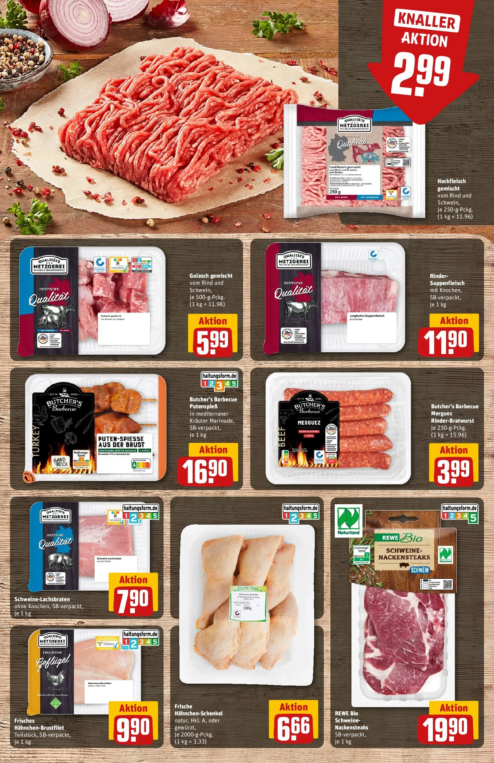 REWE Prospekt ab 04.05.2026 zum Blättern » Angebote | Seite: 13 | Produkte: Nackensteaks, Hahnchenschenkel, Gulasch, Suppenfleisch