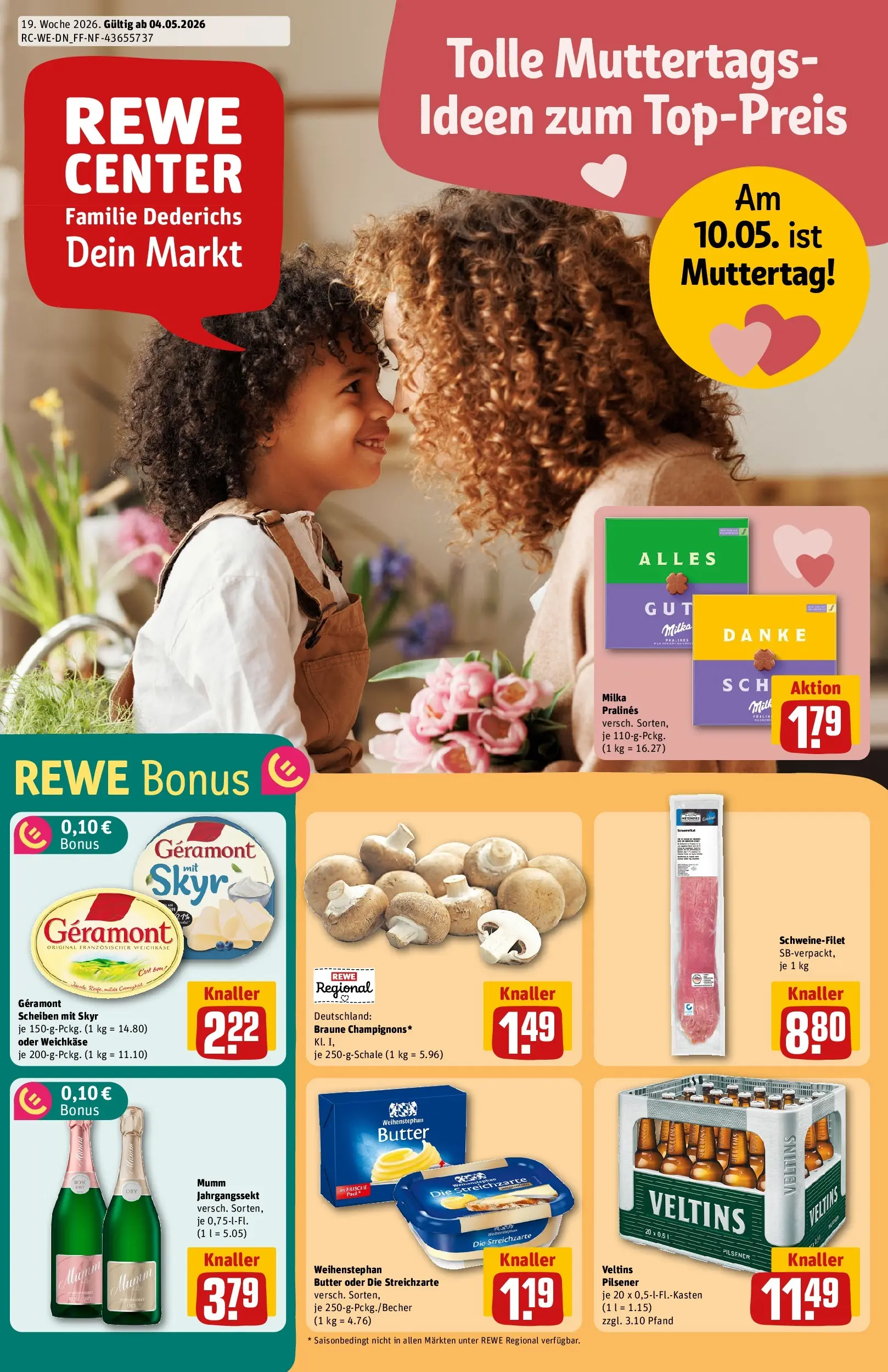 REWE Prospekt ab 04.05.2026 zum Blättern » Angebote | Seite: 1 | Produkte: Geramont, Weihenstephan butter, Schweinefilet, Veltins