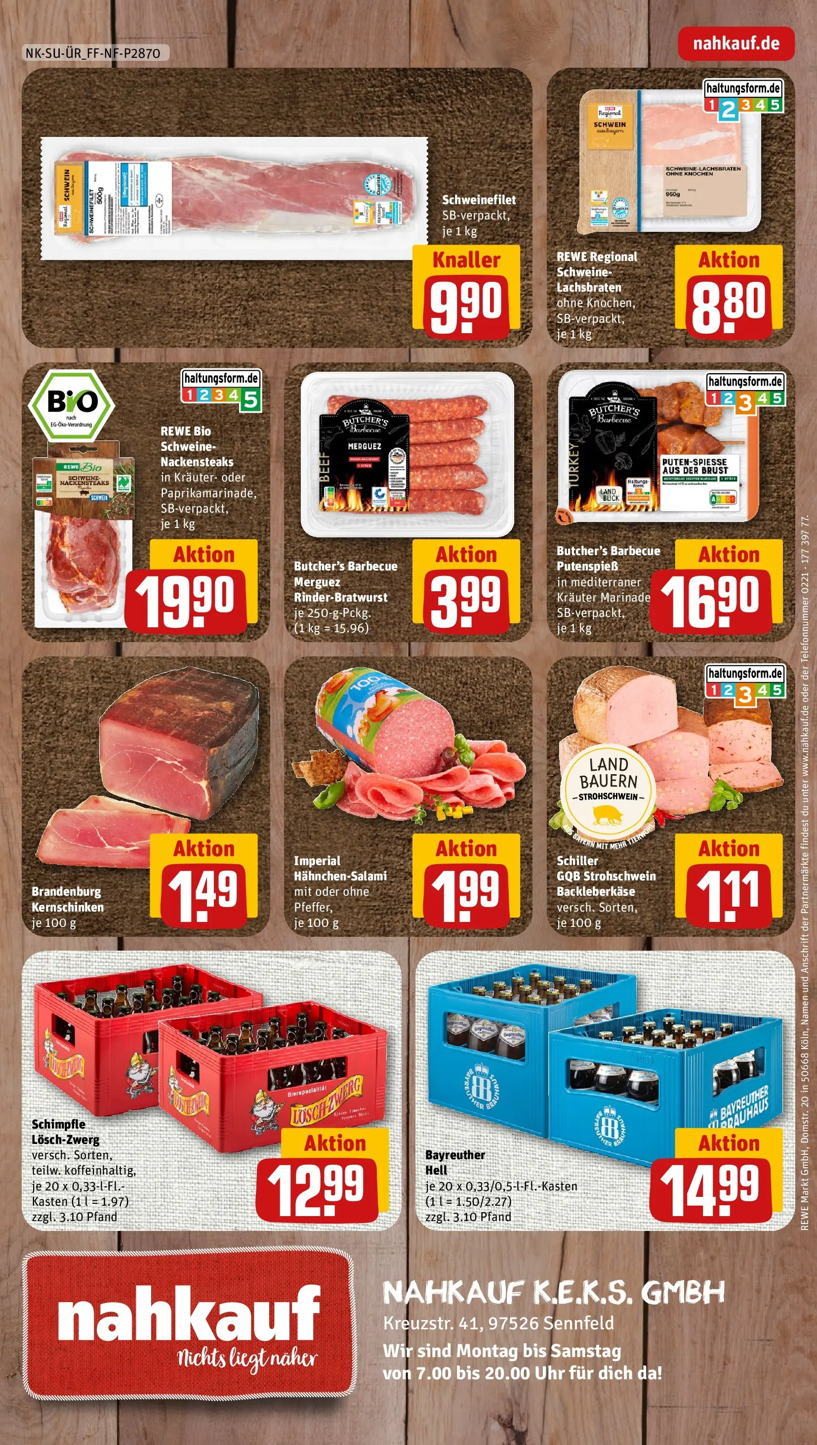 REWE Prospekt ab 04.05.2026 zum Blättern » Angebote | Seite: 8 | Produkte: Bayreuther hell, Nackensteaks, Salami, Uhr