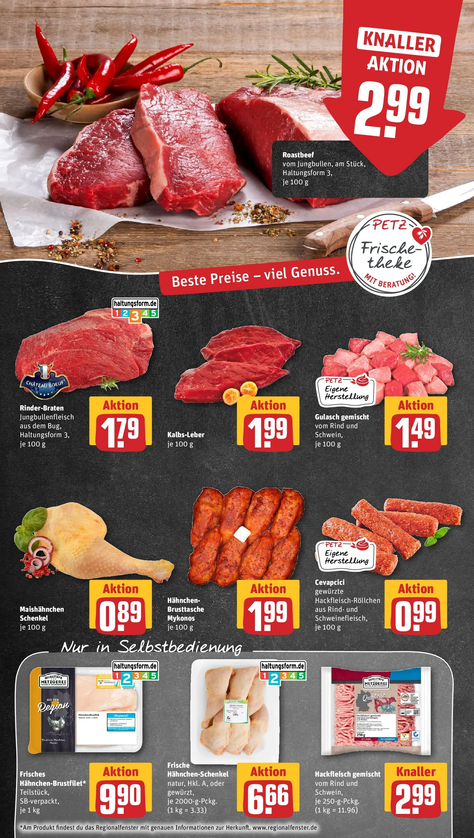 REWE Prospekt ab 04.05.2026 zum Blättern » Angebote | Seite: 10 | Produkte: Hahnchenschenkel, Roastbeef, Gulasch, Hackfleisch
