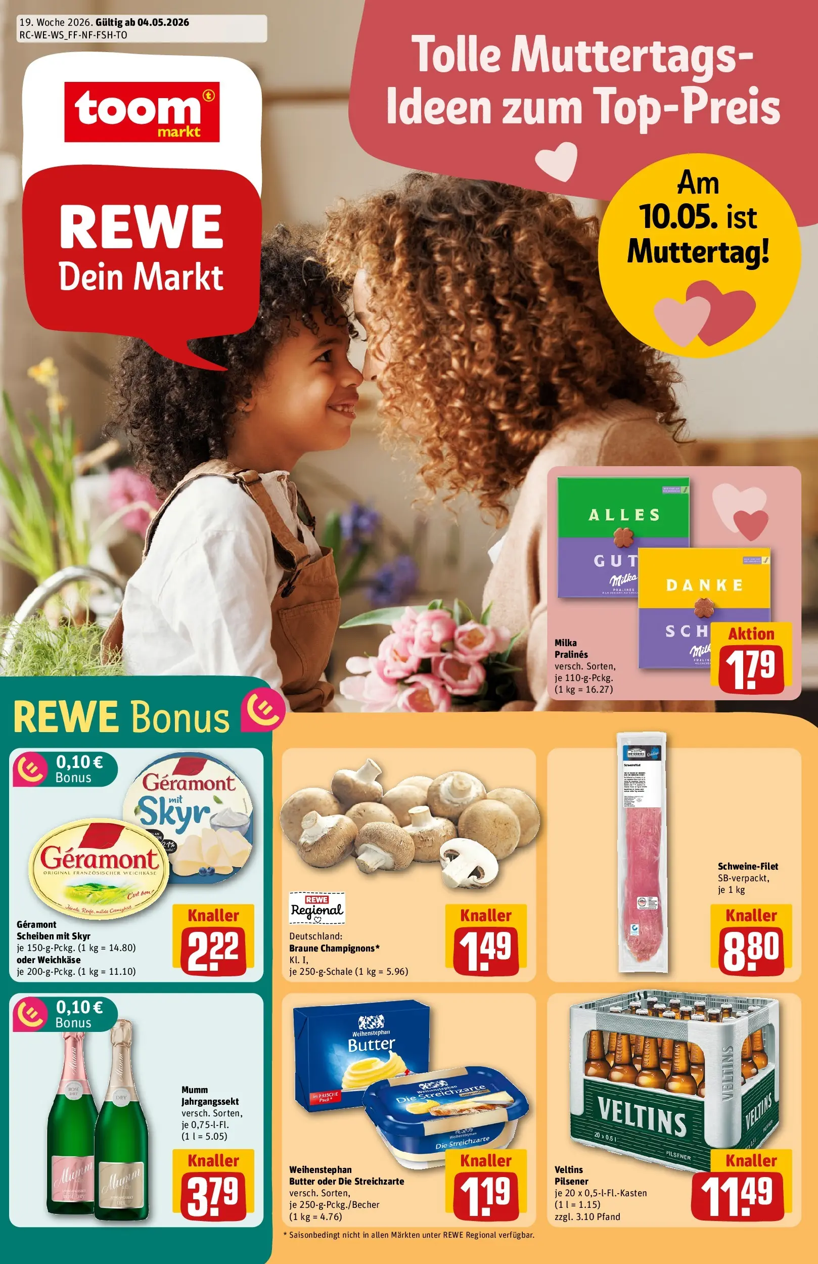 REWE Prospekt ab 04.05.2026 zum Blättern » Angebote | Seite: 1 | Produkte: Geramont, Skyr, Schweinefilet, Veltins