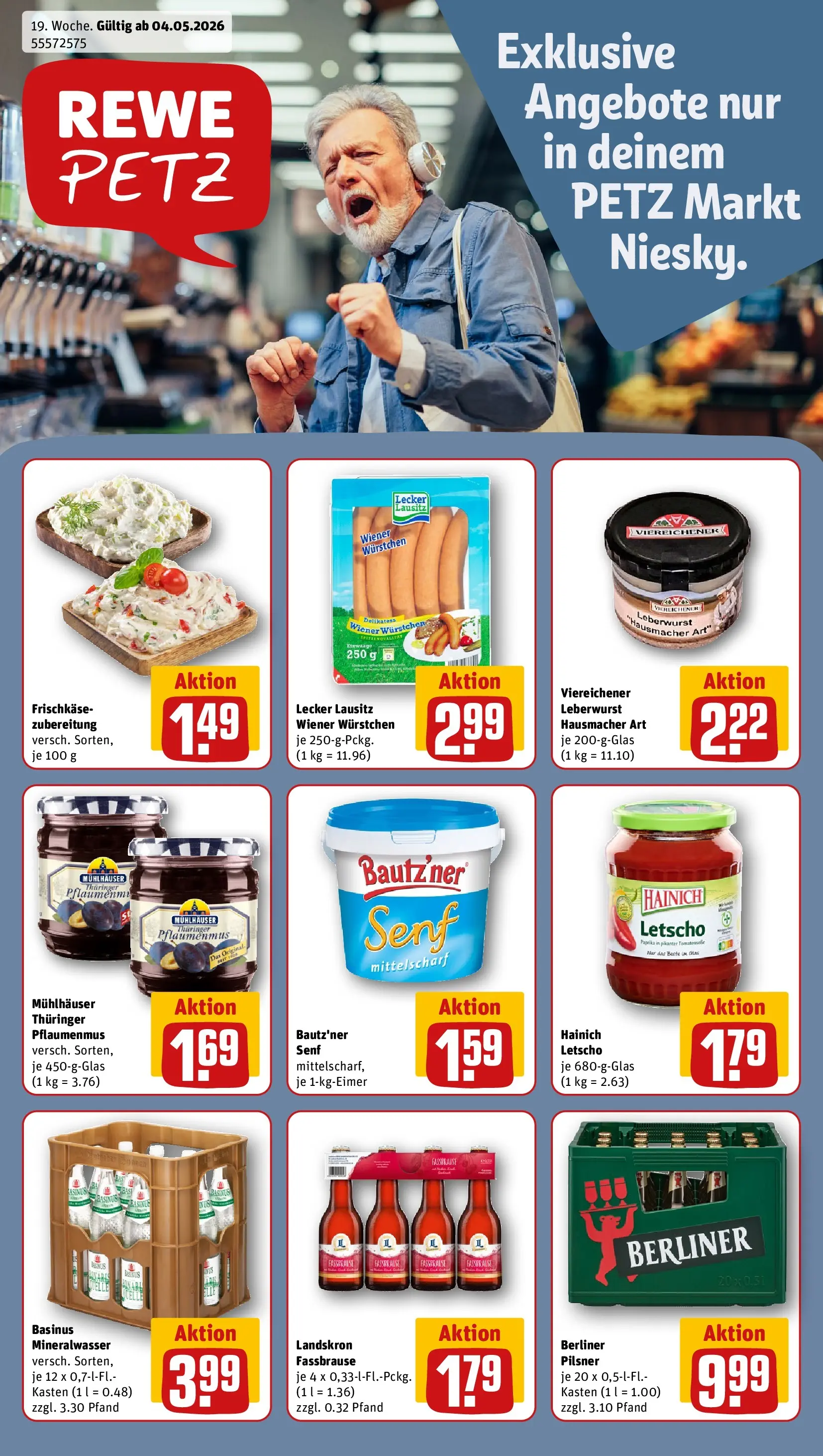 REWE Prospekt ab 04.05.2026 zum Blättern » Angebote | Seite: 1 | Produkte: Wiener wurstchen, Mineralwasser, Fassbrause, Frischkase