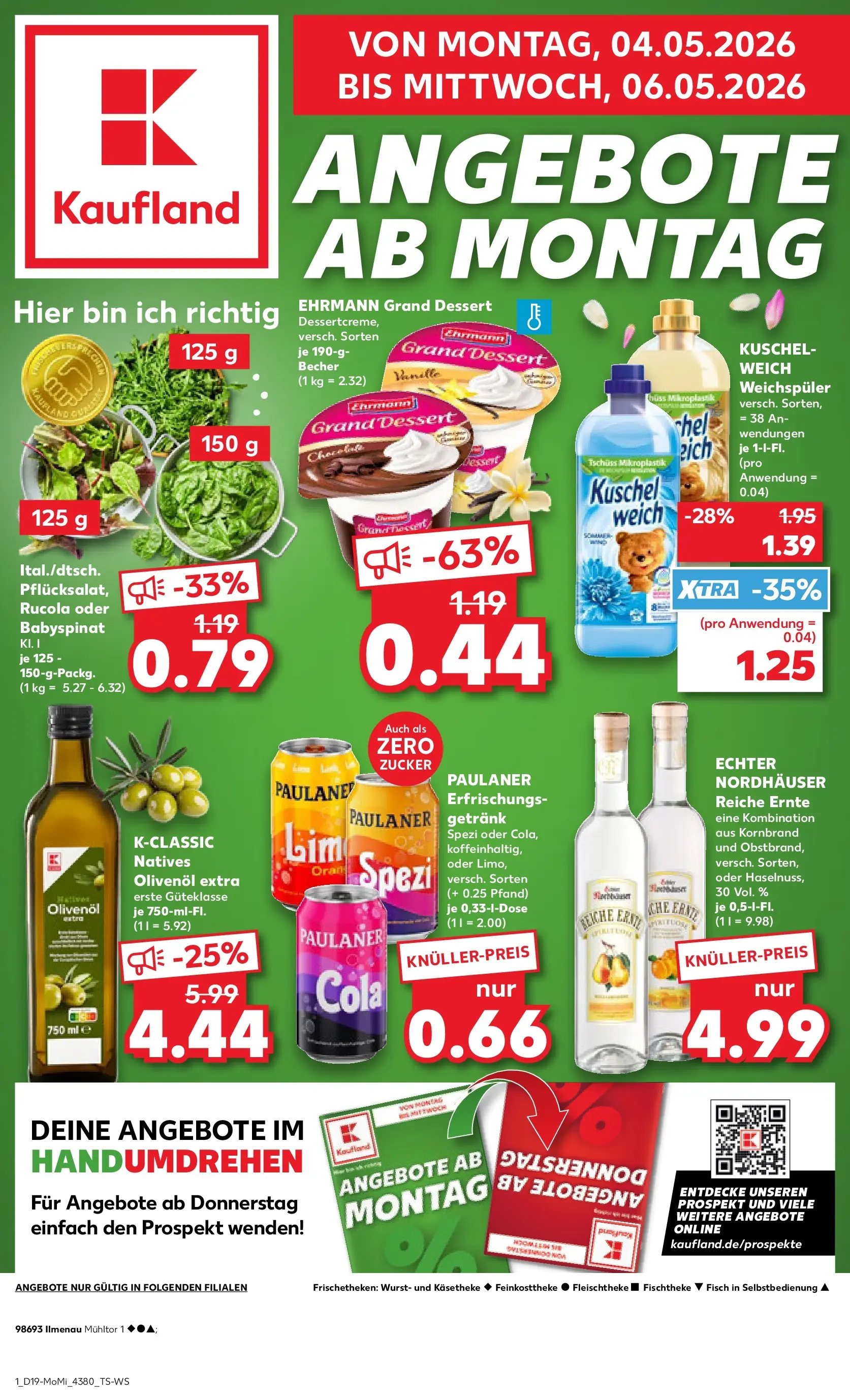 Prospekt Kaufland ab 04.05.2026 » Angebote Online zum Blättern | Seite: 1 | Produkte: Ehrmann grand dessert, Paulaner spezi, Olivenol, Wurst