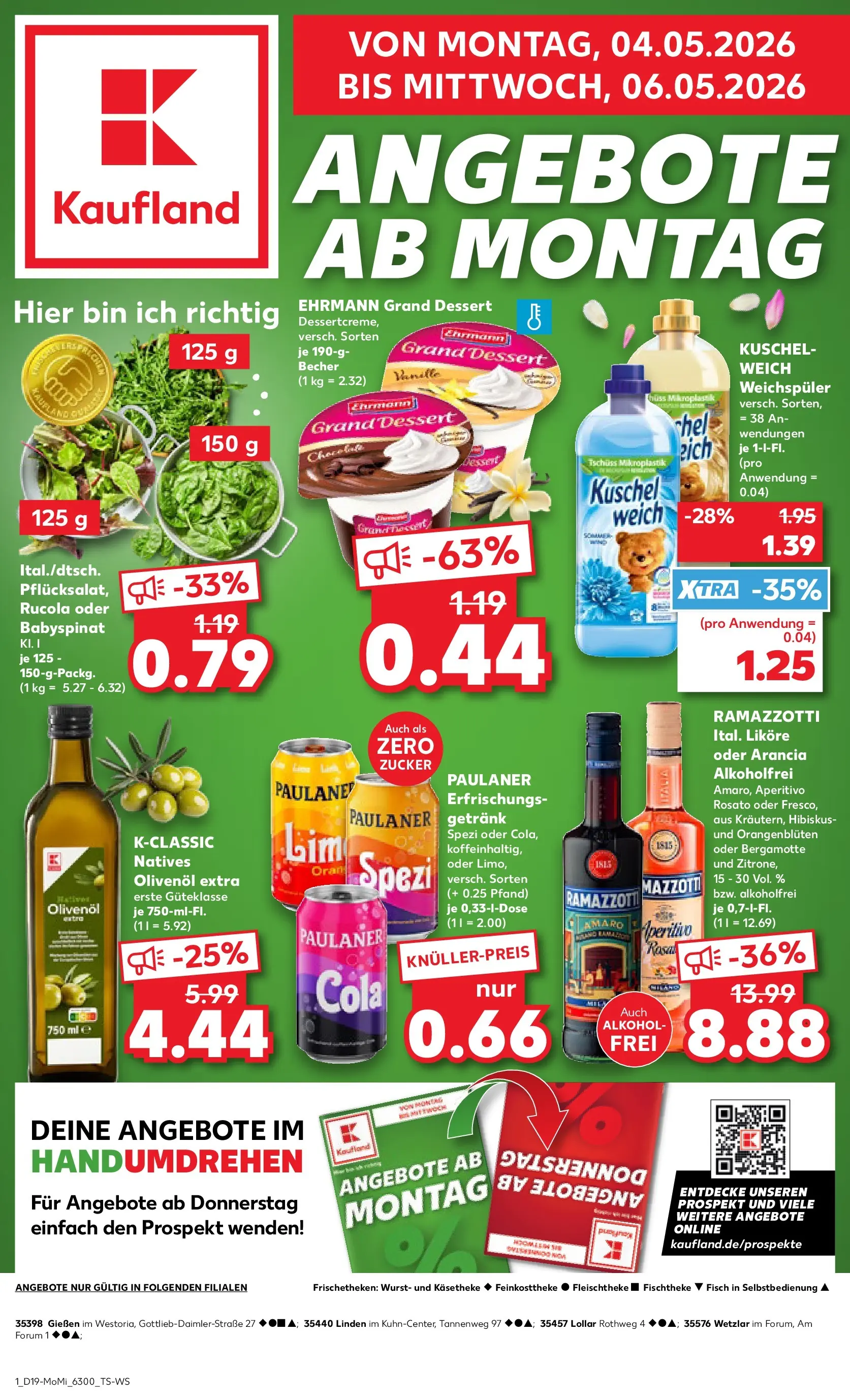 Prospekt Kaufland ab 04.05.2026 » Angebote Online zum Blättern | Seite: 1 | Produkte: Ehrmann grand dessert, Paulaner spezi, Olivenol, Ramazzotti
