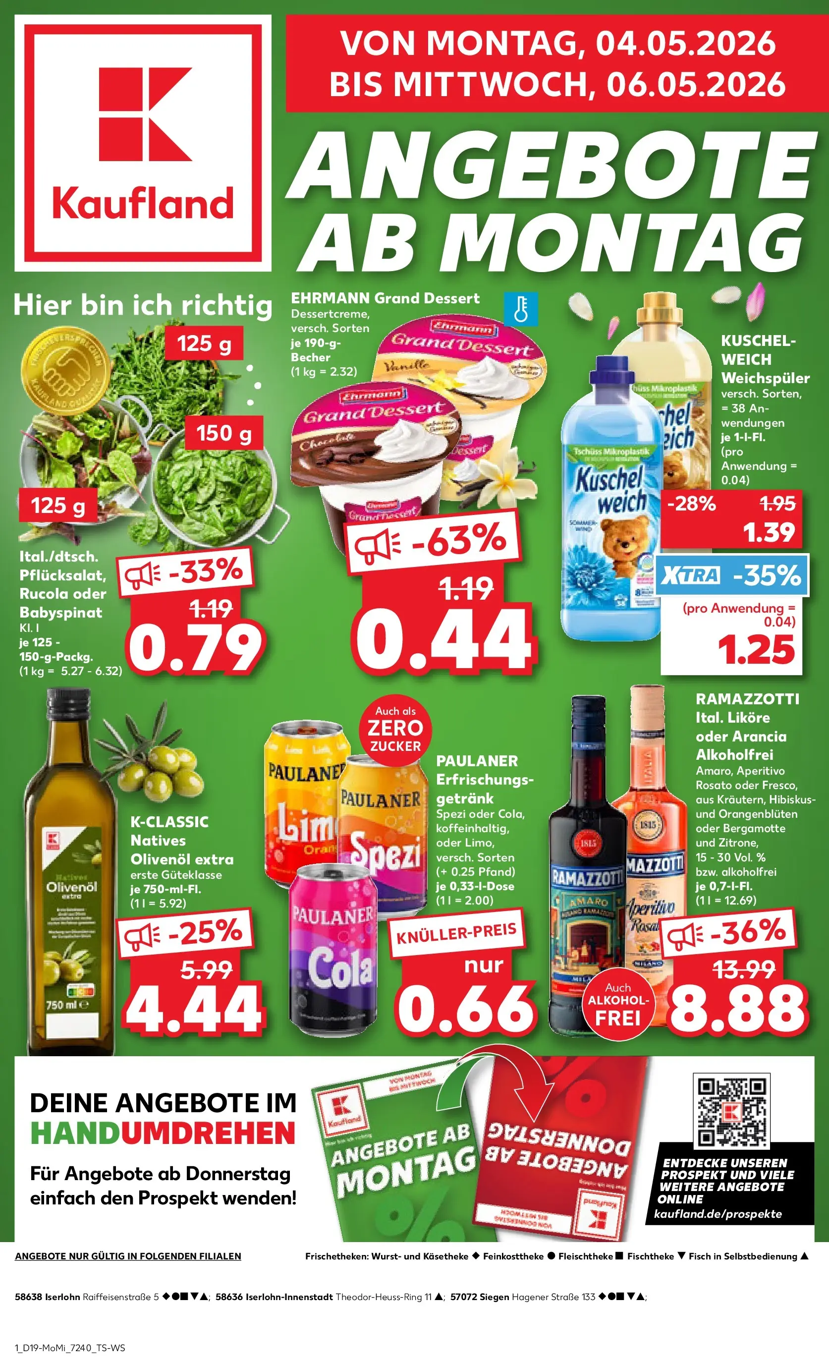 Prospekt Kaufland ab 04.05.2026 » Angebote Online zum Blättern | Seite: 1 | Produkte: Ehrmann grand dessert, Olivenol, Fisch, Weichspüler