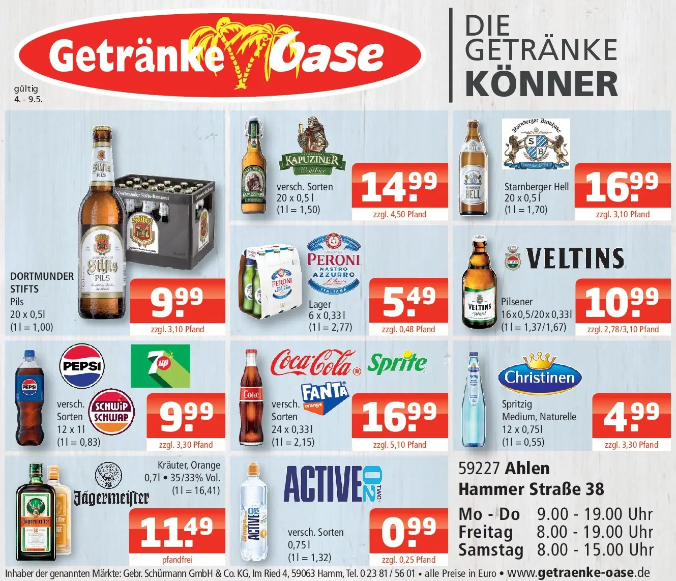 Angebote - Getränke Oase: Getränkeangebote (ab 03.05.2026) zum Blättern | Seite: 1 | Produkte: Jägermeister, Pepsi, Uhr, Veltins