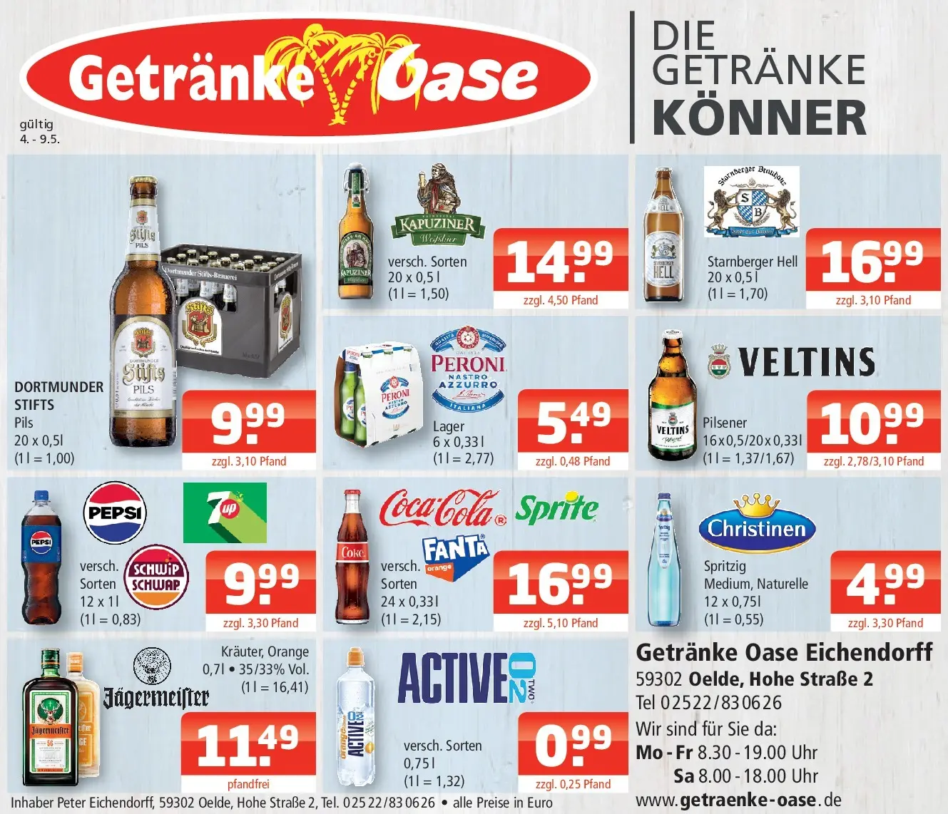 Angebote - Getränke Oase: Getränkeangebote (ab 03.05.2026) zum Blättern | Seite: 1 | Produkte: Fanta, Pils, Jägermeister, Pepsi