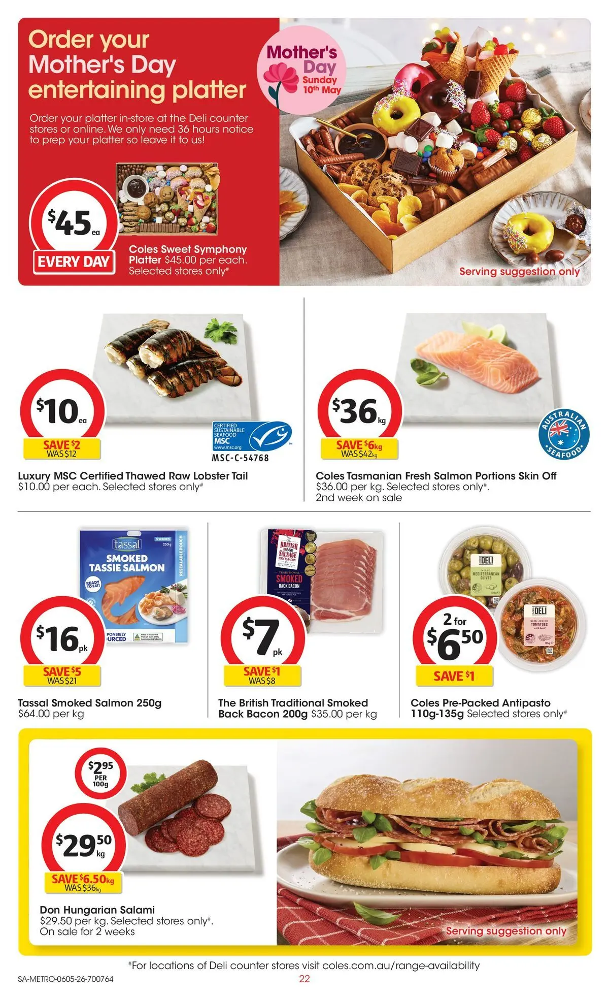 ﻿Coles catalogue valid from 05/05/2026 > Online Australia | Page: 22 | Products: Salami, Tomatoes, Lobster, Salmon