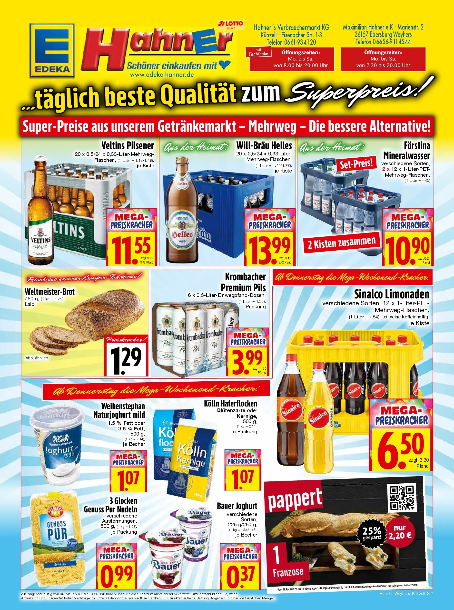 Angebote - Edeka Hahner: Wochenangebote (ab 03.05.2026) zum Blättern | Seite: 2 | Produkte: Sinalco, Kolln haferflocken, Joghurt, Pils