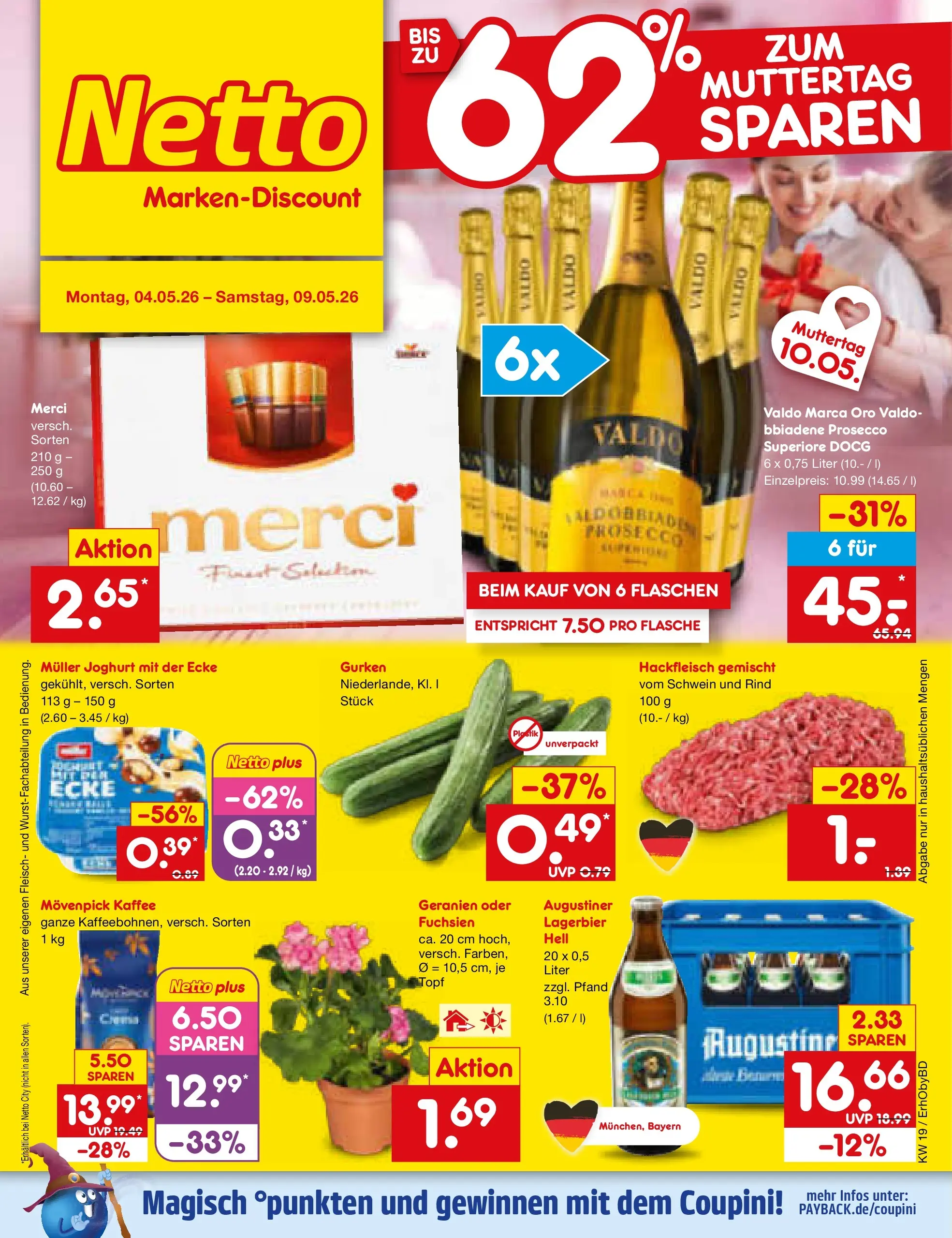 Netto Marken-Discount Prospekt Velden	 (ab 04.05.2026) » Angebote | Seite: 1 | Produkte: Joghurt, Geranien, Prosecco, Hackfleisch