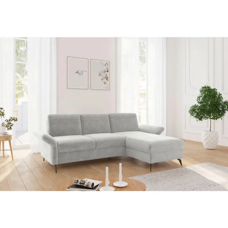 Ecksofa Rochelle E in Flachgewebe Hellgrau 251/164 cm
