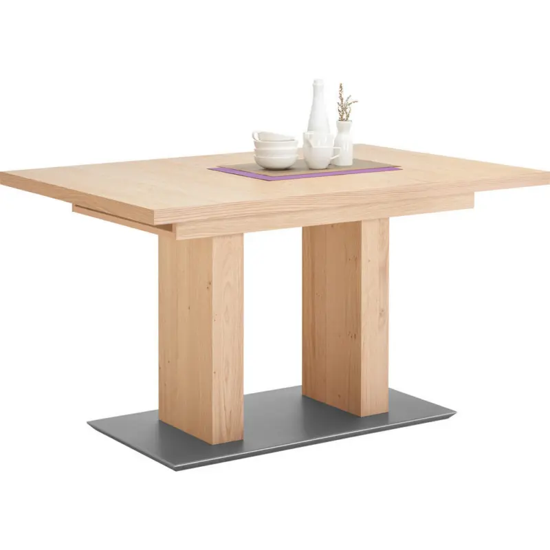 Esstisch 120-168/80/75 cm Echtholz Holz, Metall, Holzwerkstoff ausziehbar, in verschiedenen Gr&ouml;&szlig;en erh&auml;ltlich, in verschiedenen Holzarten erh&auml;ltlich, Variantenauswahl rechteckig Eichefarben, Edelstahlfarben