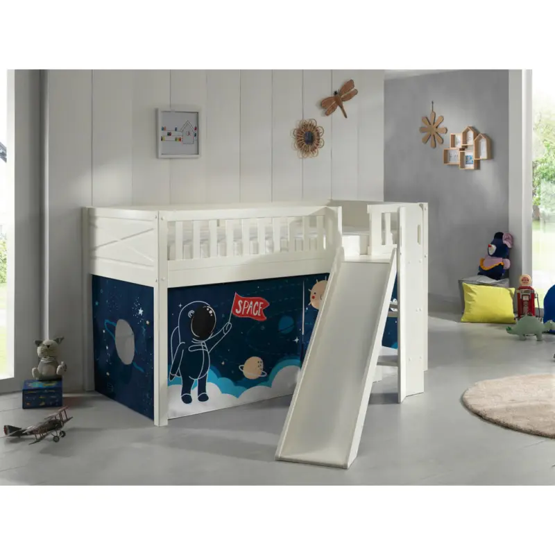 Spielbett Absturzsicherung, Leiter, Rutsche, Vorhang, Rollrost 90/200 cm in Wei&szlig;
