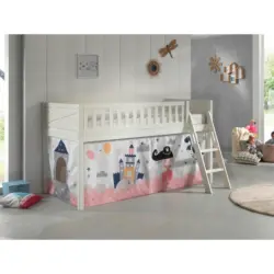 Spielbett Absturzsicherung, Leiter, Vorhang, Rollrost 90/200 cm in Wei&szlig;