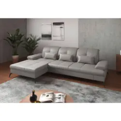 Ecksofa in Vliesstoff Kombination Echtleder/Stoff Hellgrau 185/279 cm
