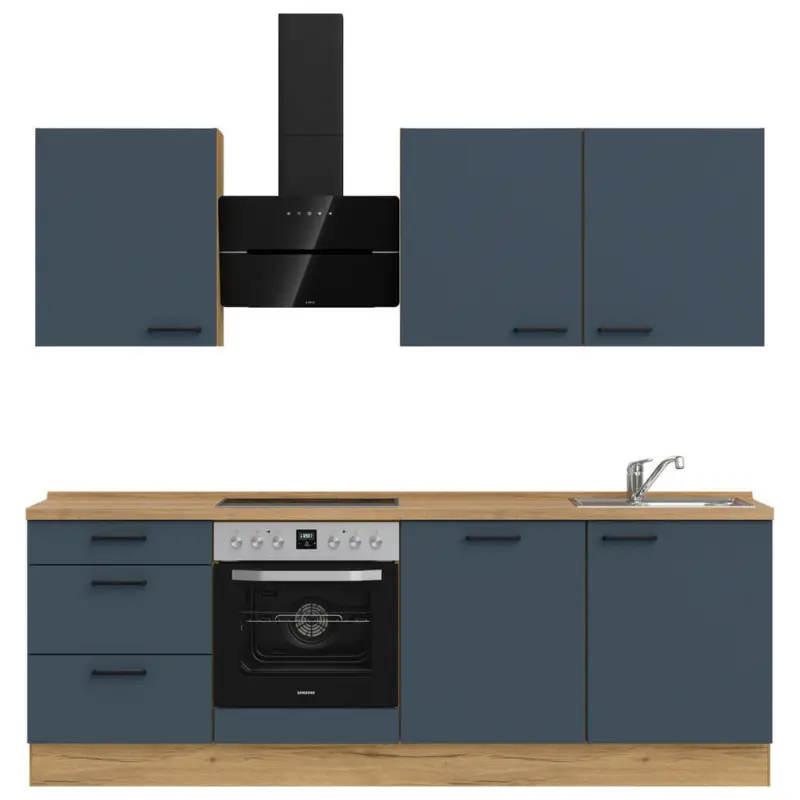 K&uuml;chenleerblock 240 cm in Blau, Eichefarben