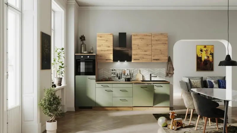 K&uuml;chenblock Cara mit Ger&auml;ten ca. 280 cm Gr&uuml;n/Eiche