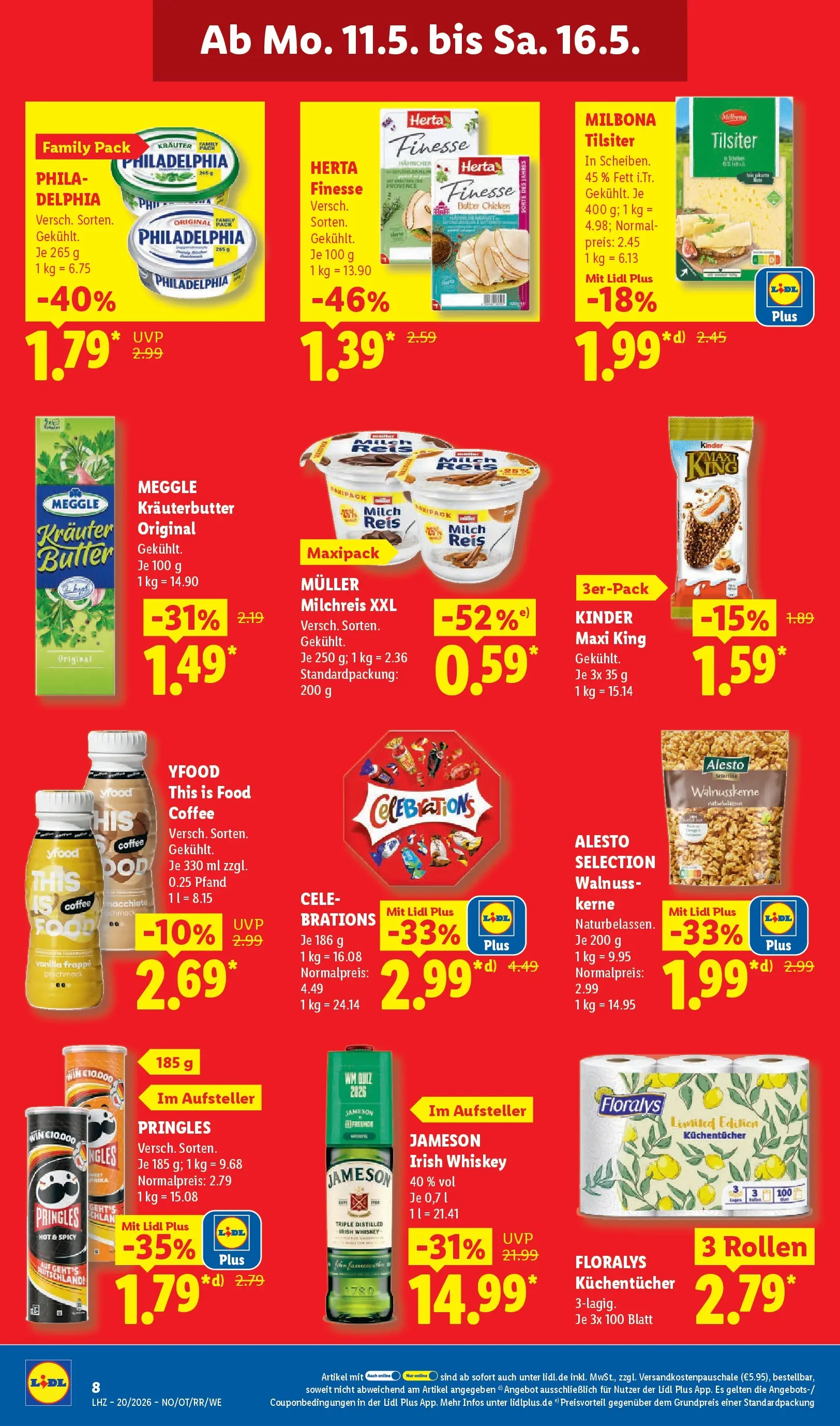 Lidl Prospekt Düsseldorf (ab 11.05.2026) zum Blättern » Angebote | Seite: 16 | Produkte: Hahnchen, Philadelphia, YFood, Whiskey