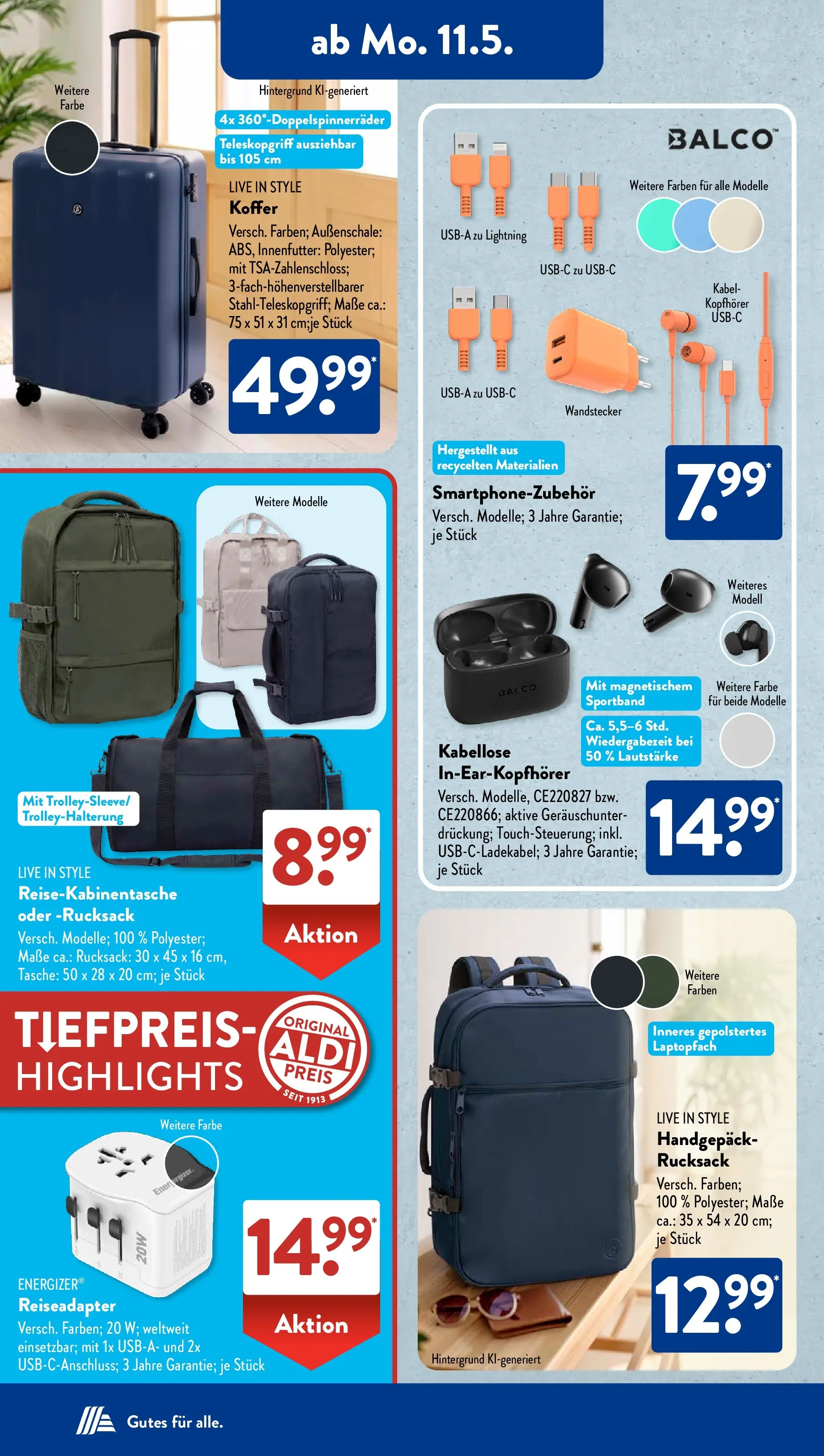 Aldi Süd - Aldi Süd: Wochenangebote (ab 10.05.2026) zum Blättern | Seite: 11 | Produkte: Kabel, Rucksack, Koffer, Kopfhörer