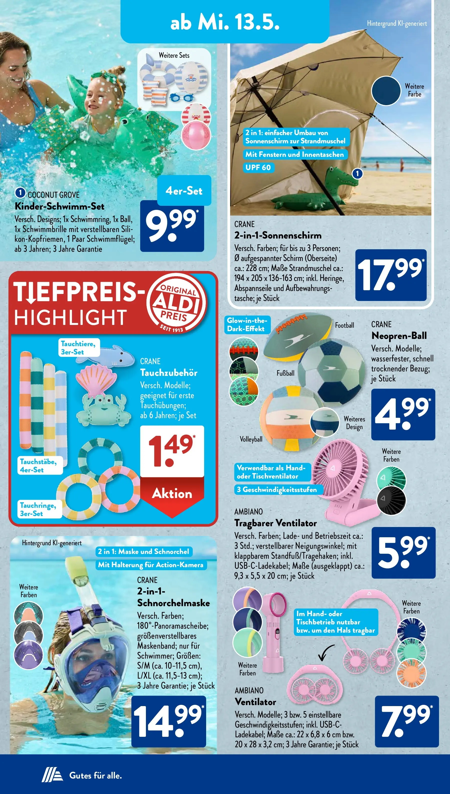 Aldi Süd - Aldi Süd: Wochenangebote (ab 10.05.2026) zum Blättern | Seite: 17 | Produkte: Ventilator, Schwimmbrille, Volleyball, Sonnenschirm