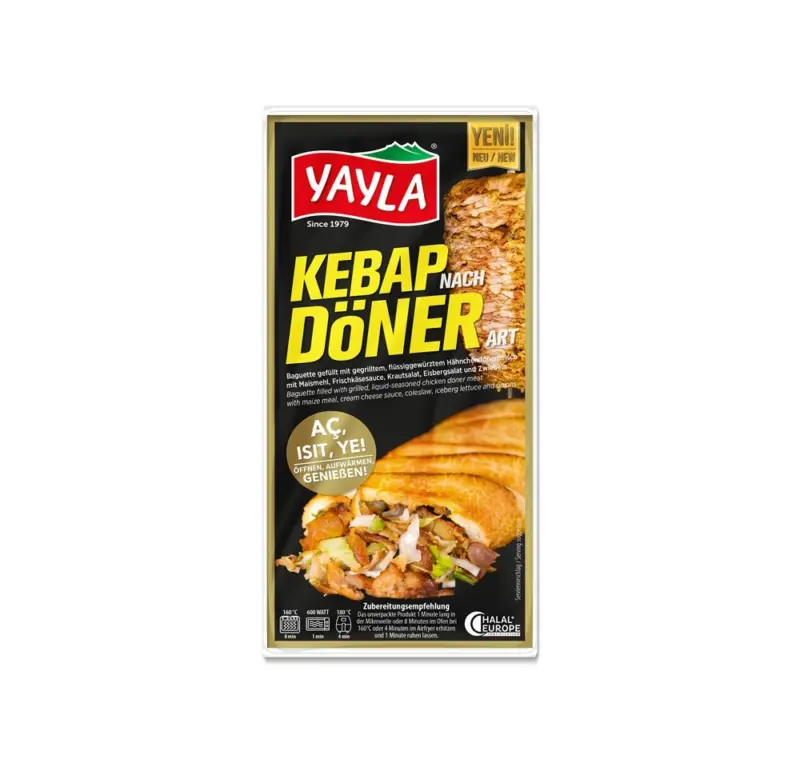 Kebab nach D&ouml;ner Art, Baguette gef&uuml;llt mit gegrilltem, fl&uuml;ssiggew&uuml;rztem H&auml;hnchend&ouml;nerfleisch mit Maismehl, Frischk&auml;sesauce, Krautsalat, Eisbergsalat und Zwiebeln