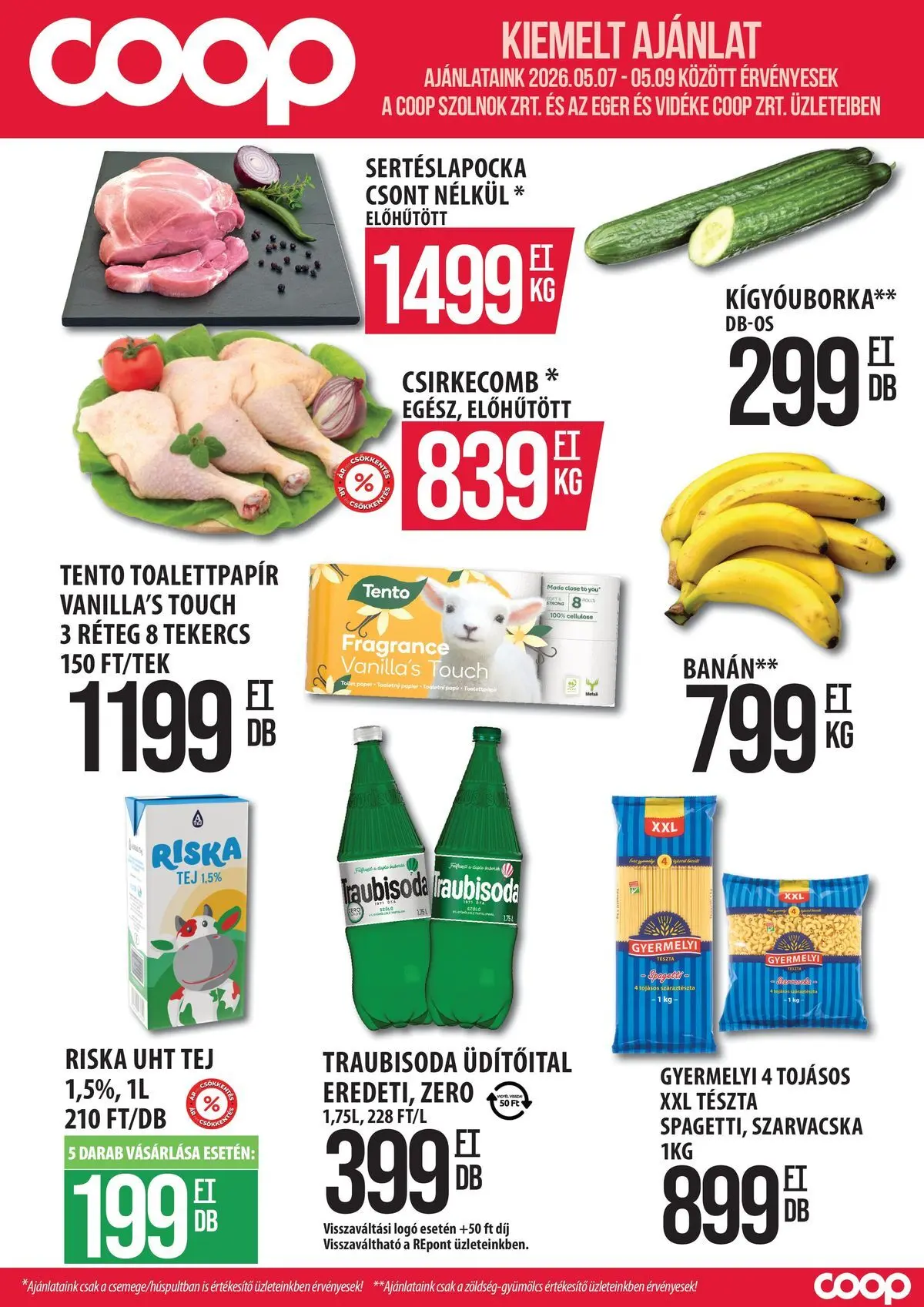 COOP Szolnok akciós újság Szákszend - 2026.05.04. -tól/töl > akció, lapozható szórólap 🛍️ | Oldal: 1 | Termékek: Tej, Banán, Tészta, Száraztészta