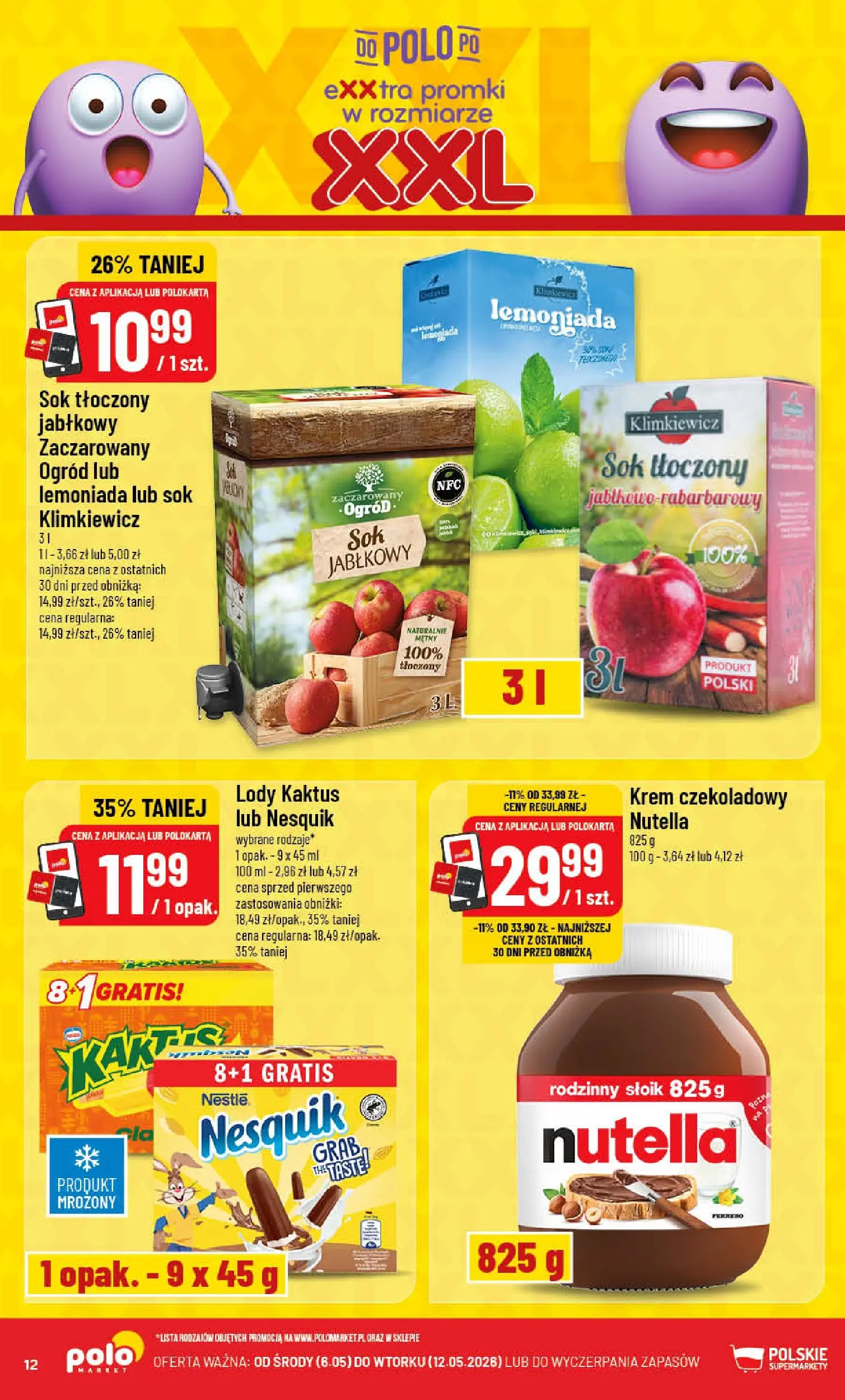 Nowa POLOmarket gazetka od jutra 06.05.2026 | Strona: 12 | Produkty: Krem czekoladowy, Nutella, Lody Kaktus, Lody