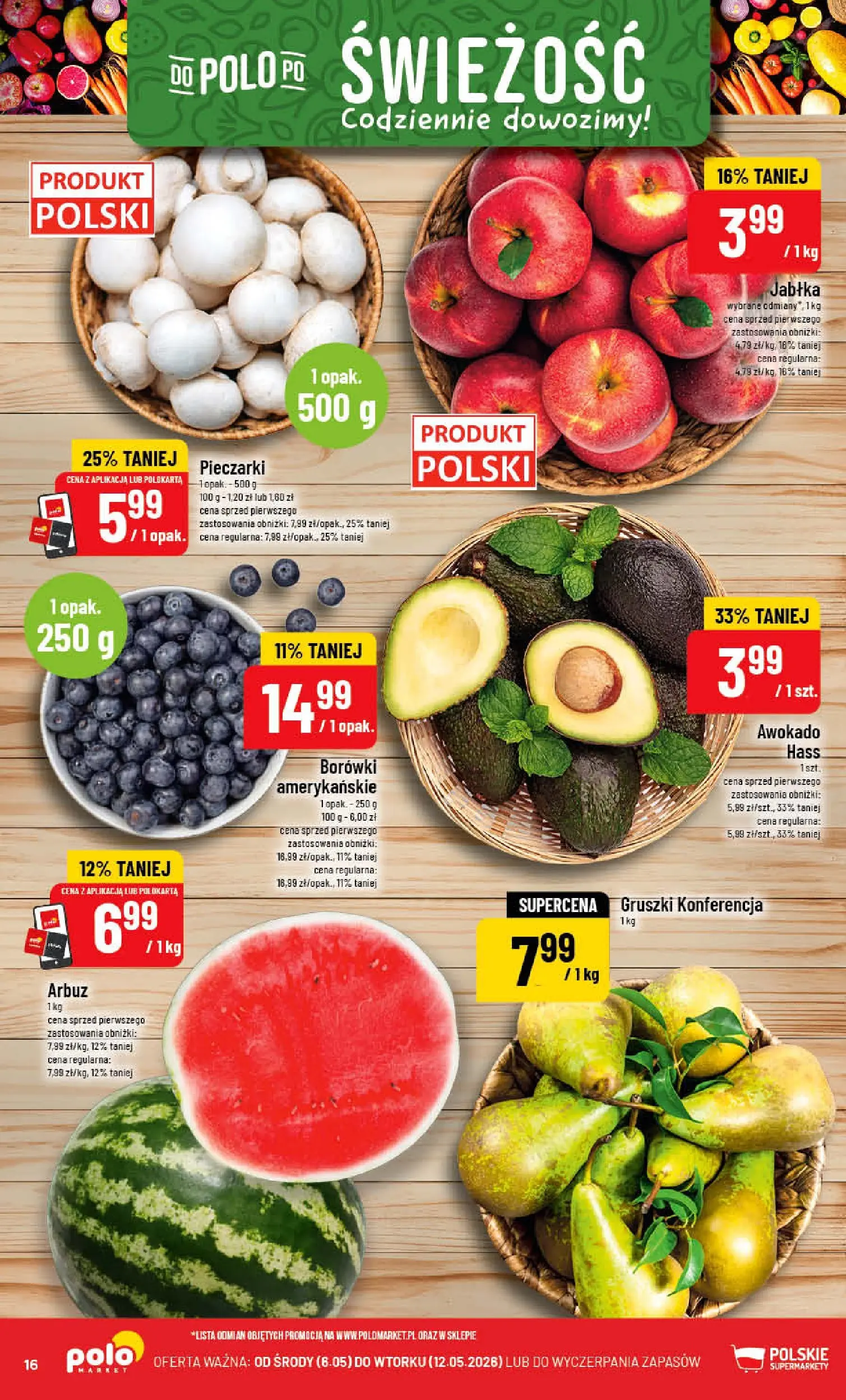 Nowa POLOmarket gazetka od jutra 06.05.2026 | Strona: 16 | Produkty: Arbuz, Pieczarki, Jabłka, Awokado