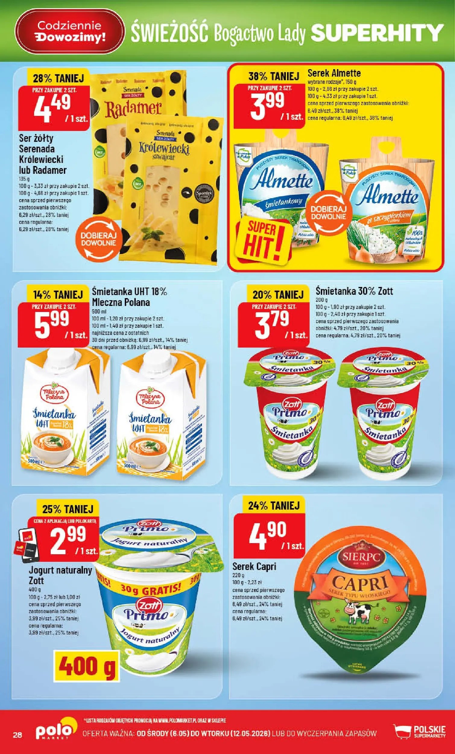 Nowa POLOmarket gazetka od jutra 06.05.2026 | Strona: 28 | Produkty: Ser żółty, Serek, Jogurt naturalny, Jogurt