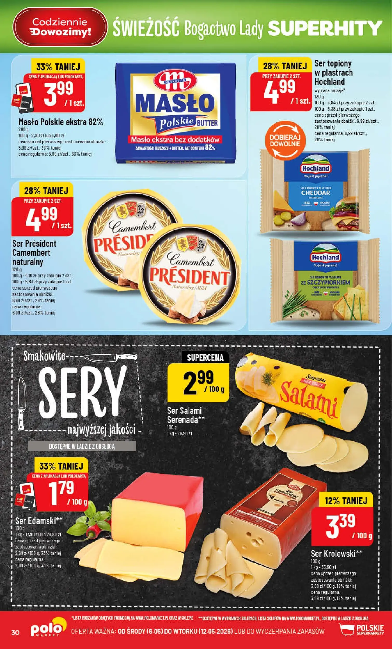 Nowa POLOmarket gazetka od jutra 06.05.2026 | Strona: 30 | Produkty: Camembert, Masło, Ser, Salami