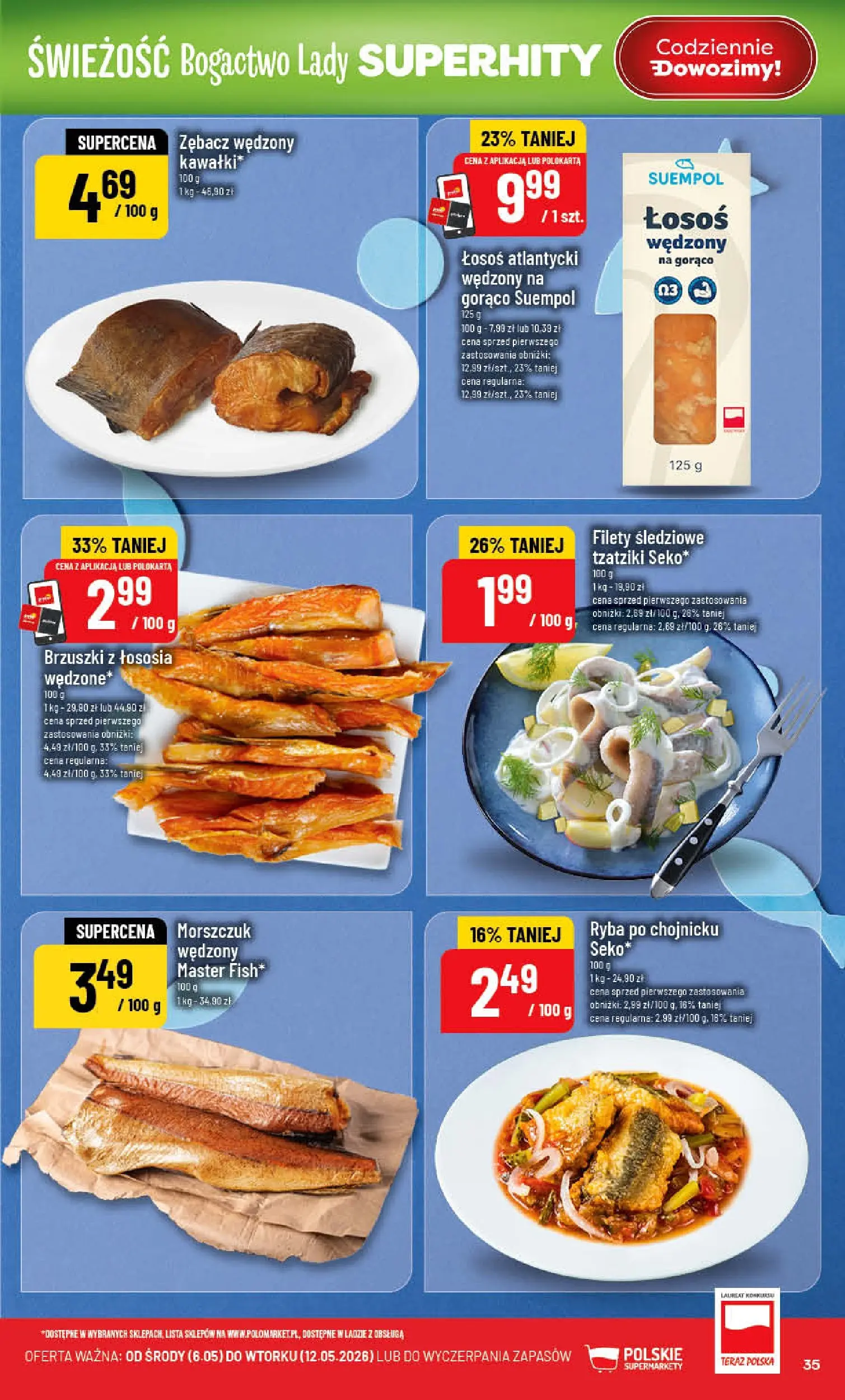 Nowa POLOmarket gazetka od jutra 06.05.2026 | Strona: 35 | Produkty: Tzatziki, Łosoś atlantycki, Morszczuk, Ryba